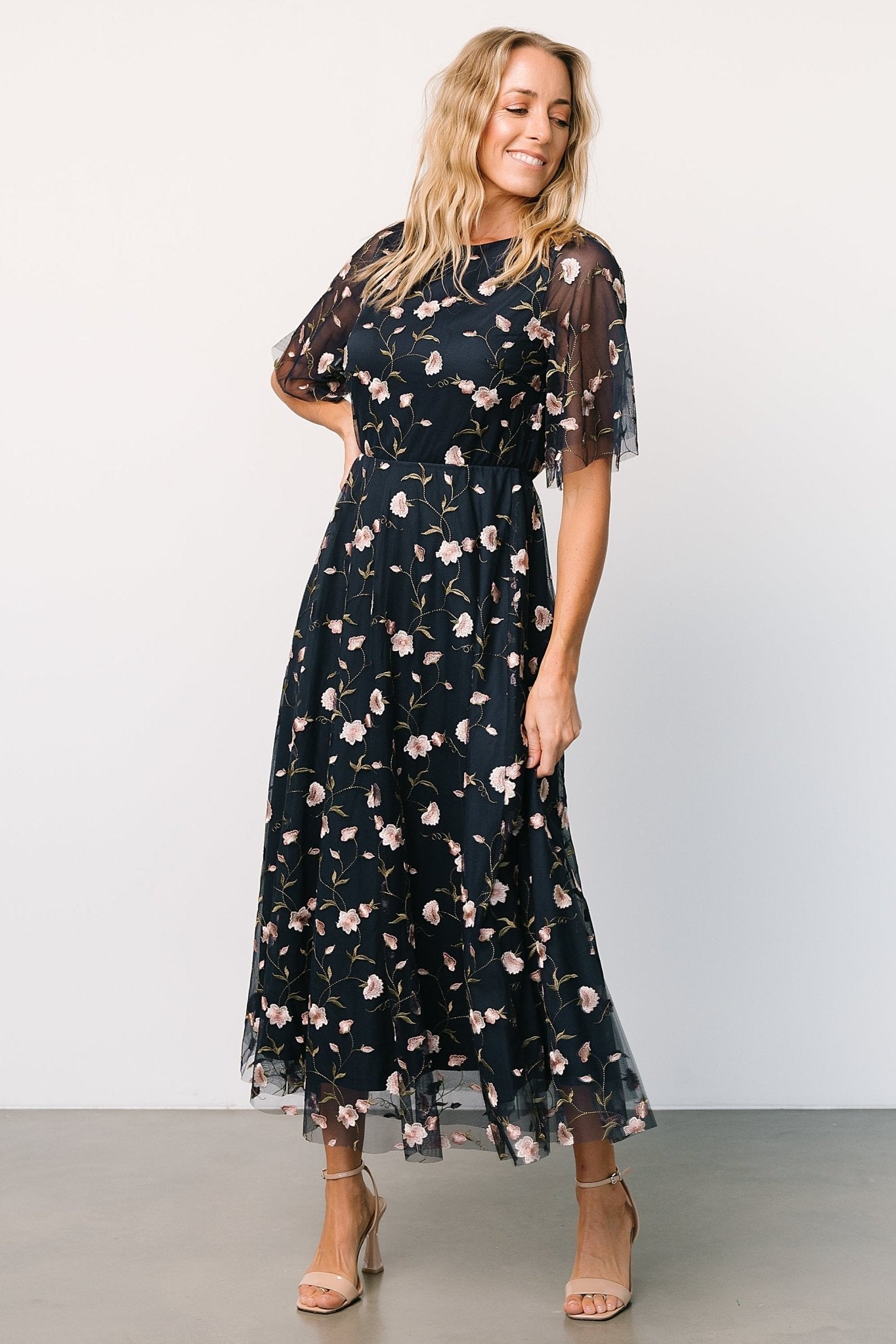 Arabella Embroidered Tulle Maxi Dress | Pink + Navy