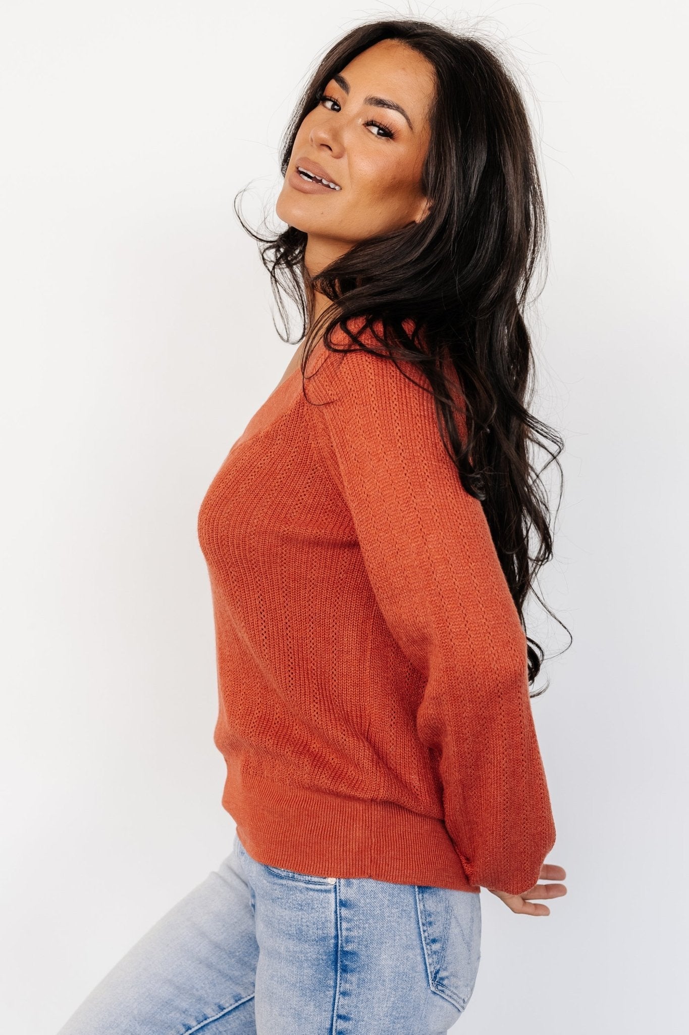 Ashby V Neck Sweater Top | Light Rust