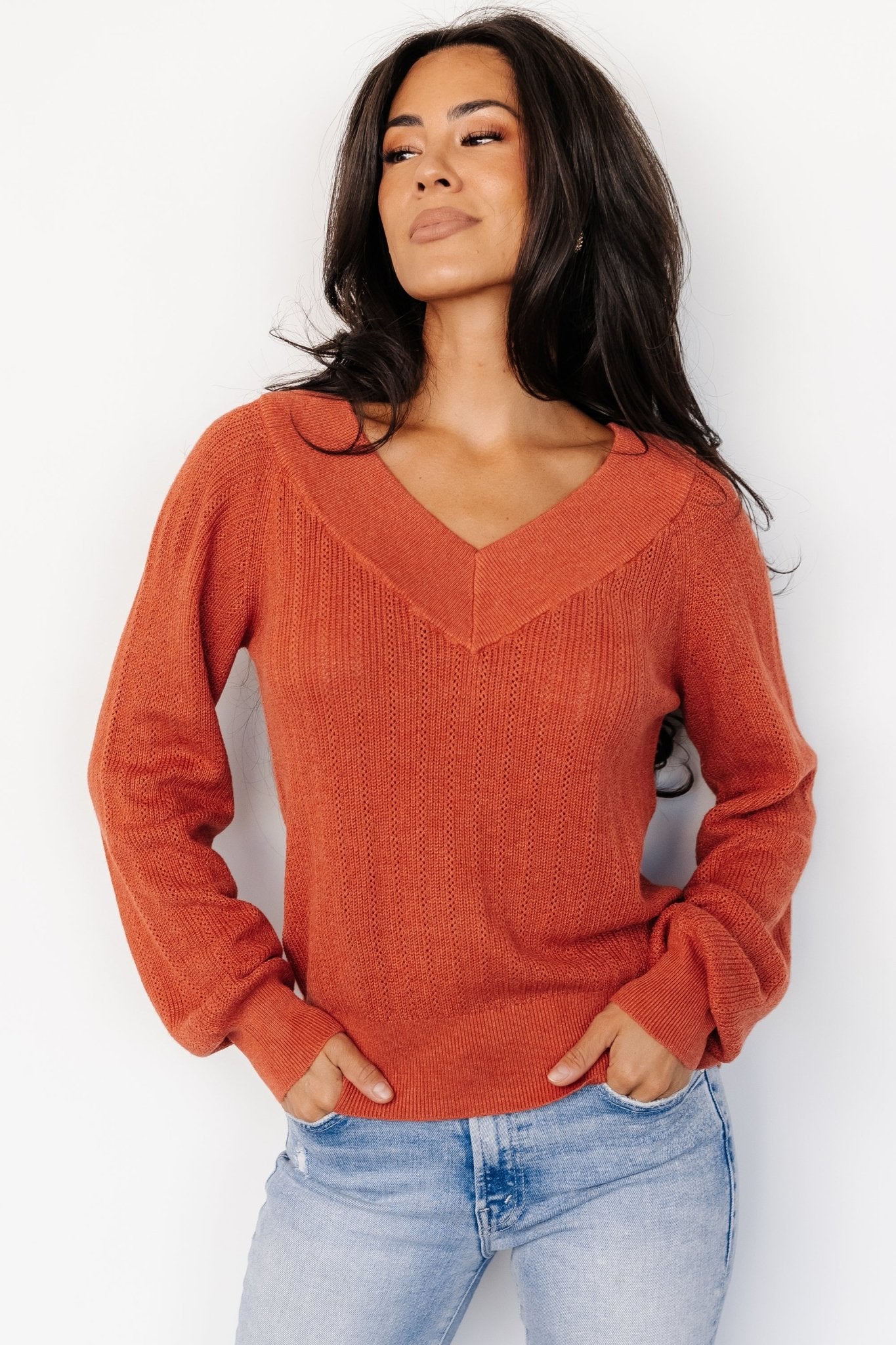 Ashby V Neck Sweater Top | Light Rust