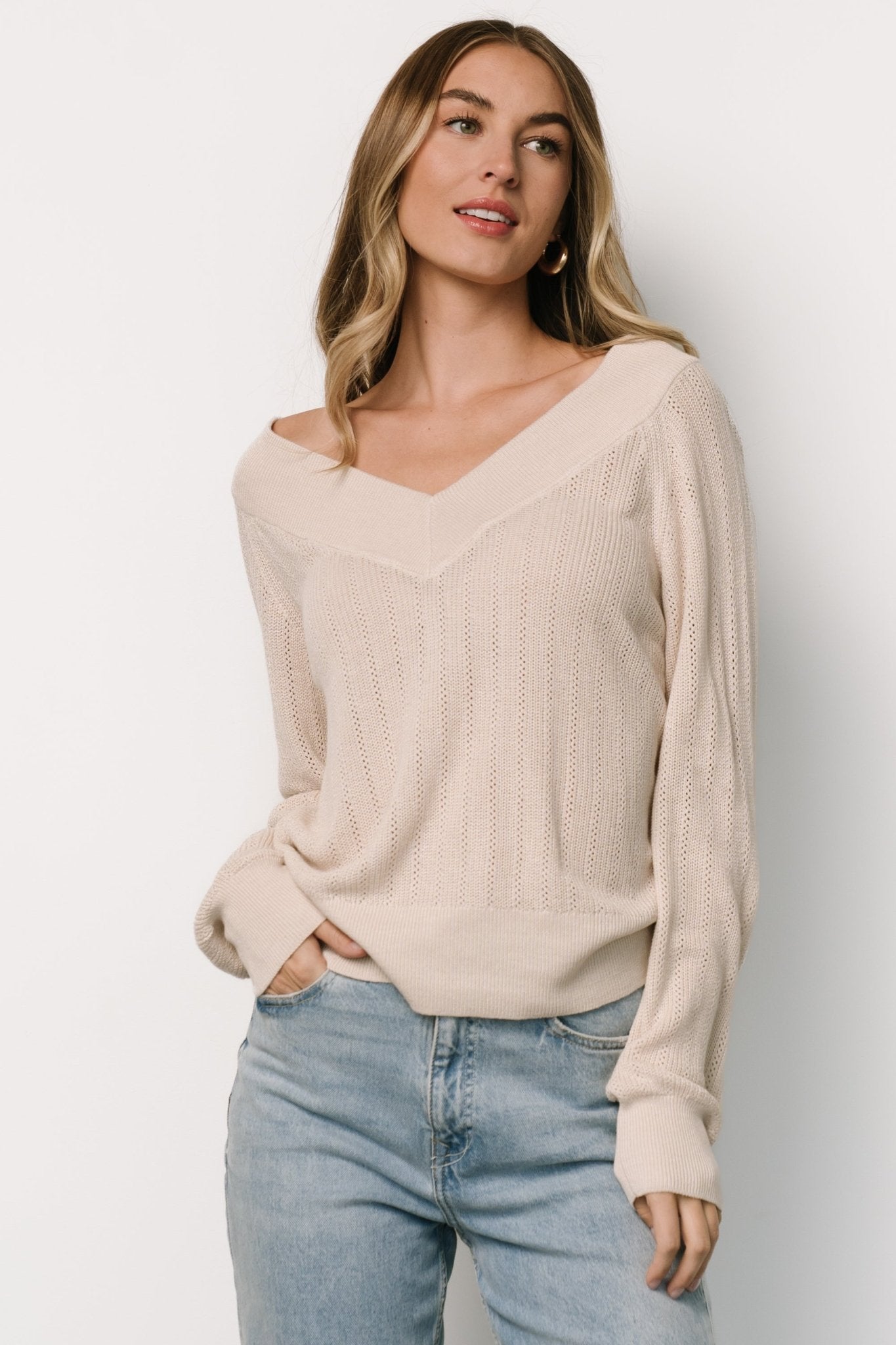 Ashby V Neck Sweater Top | Natural