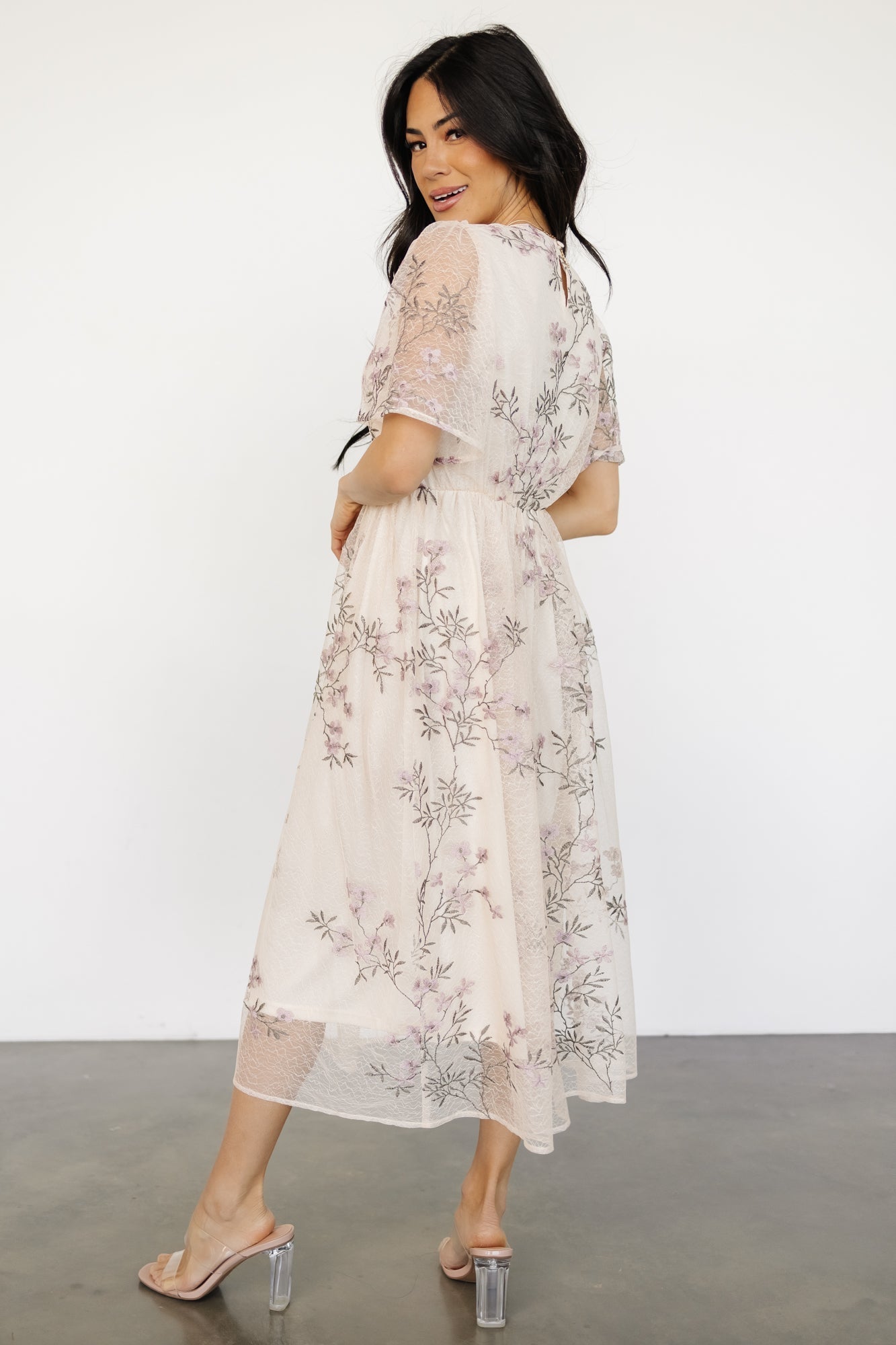 Ashlee Embroidered Midi Dress | Cream + Lavender Floral