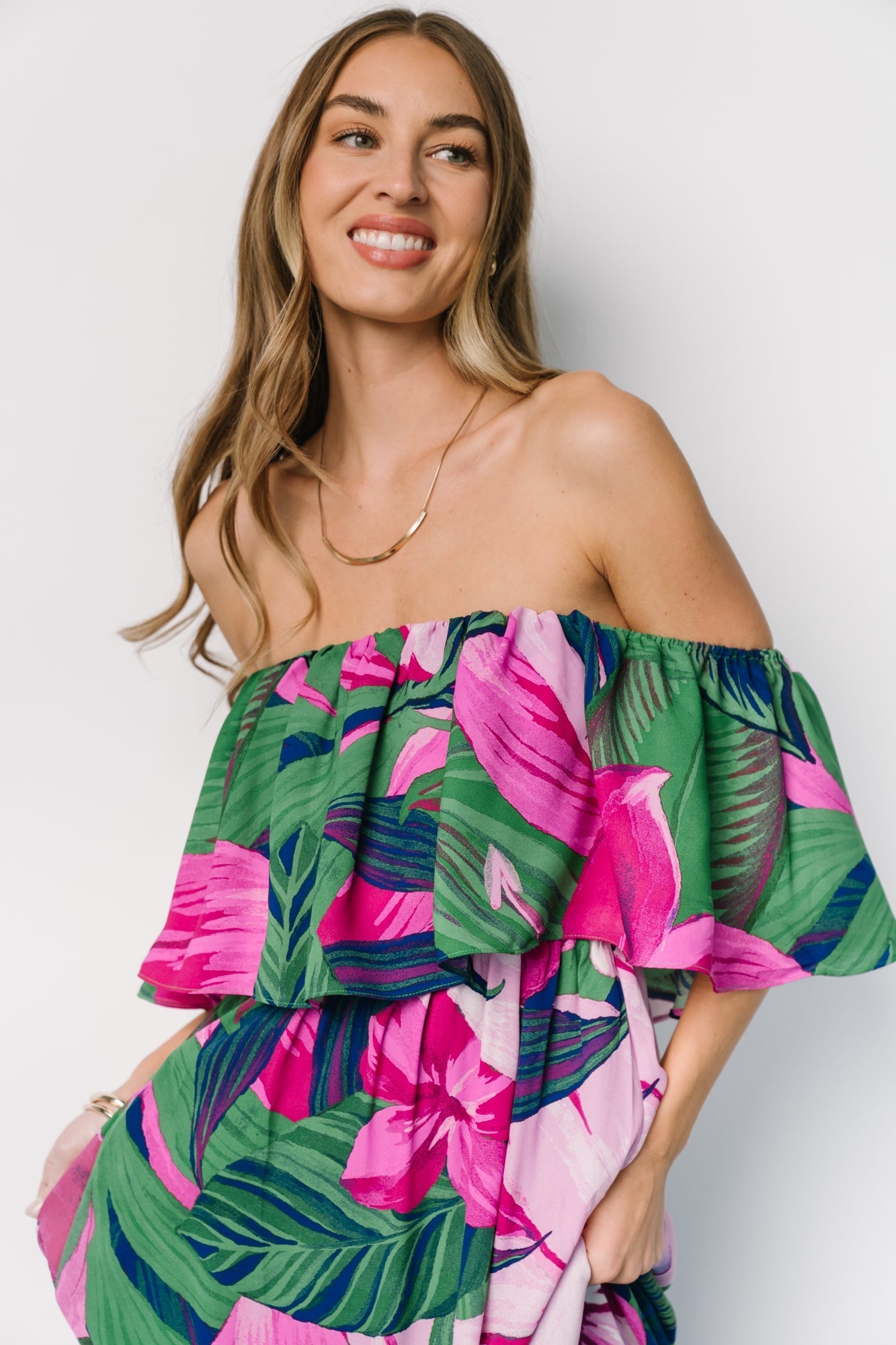 Azalea Off Shoulder Maxi Dress | Green + Fuchsia Floral