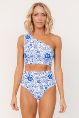 Bali One Shoulder Bikini Top | White + Cobalt Floral