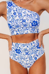 Bali One Shoulder Bikini Top | White + Cobalt Floral