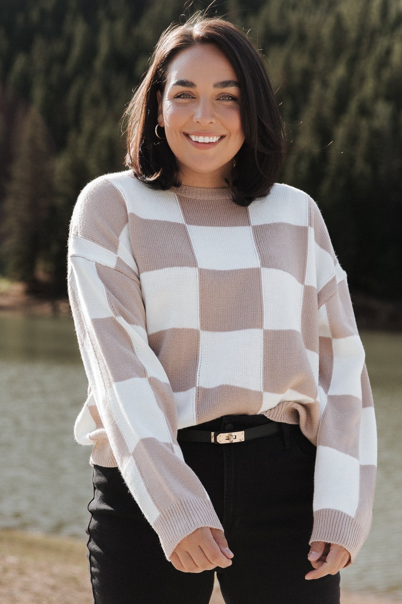 Bella Checkered Sweater | Taupe