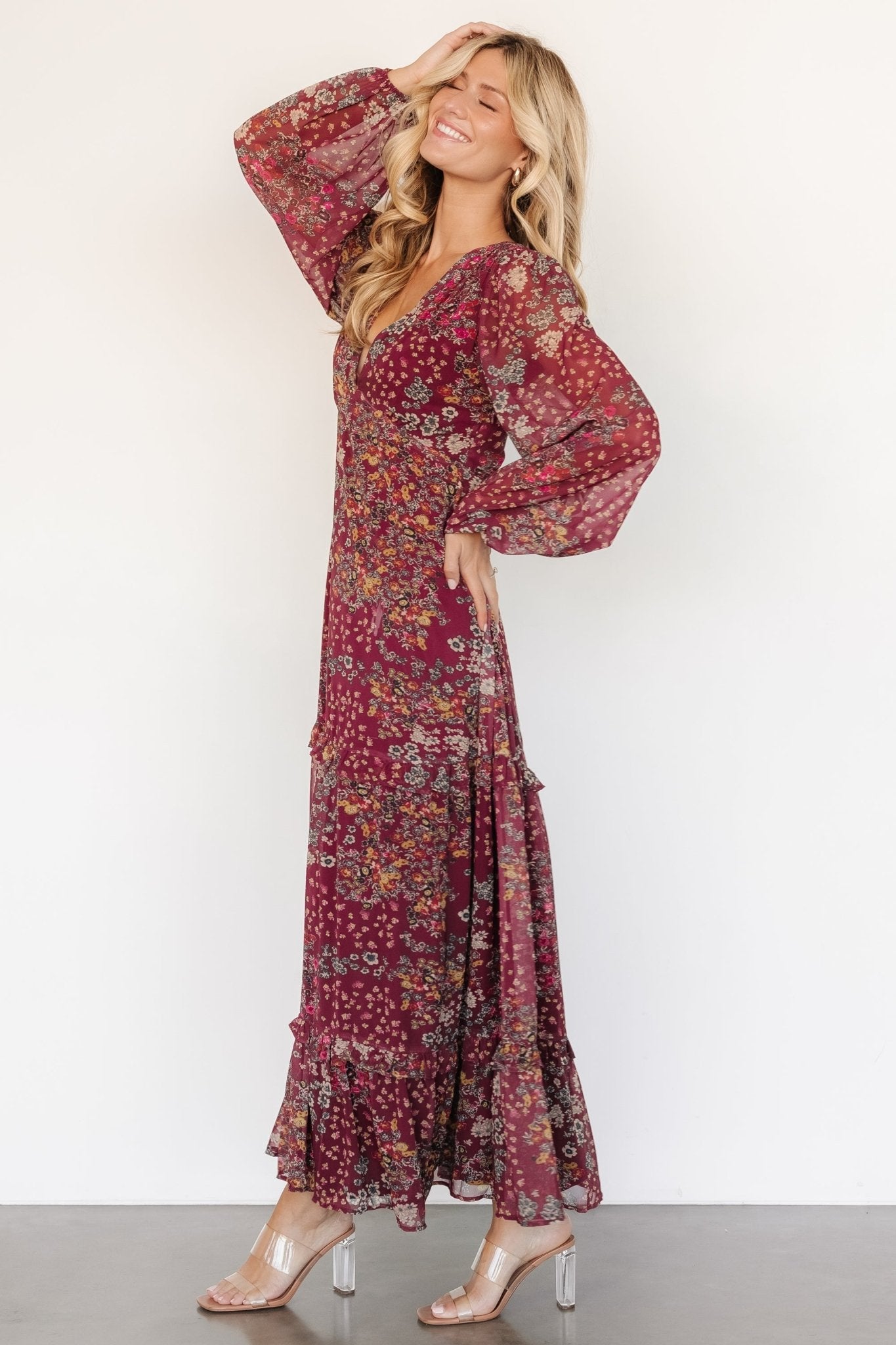 Bowman Deep V Maxi Dress | Burgundy Multi