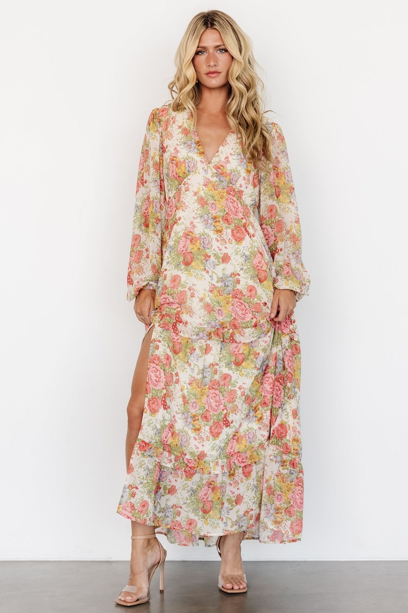 Bowman Deep V Maxi Dress | Cream Multi Floral