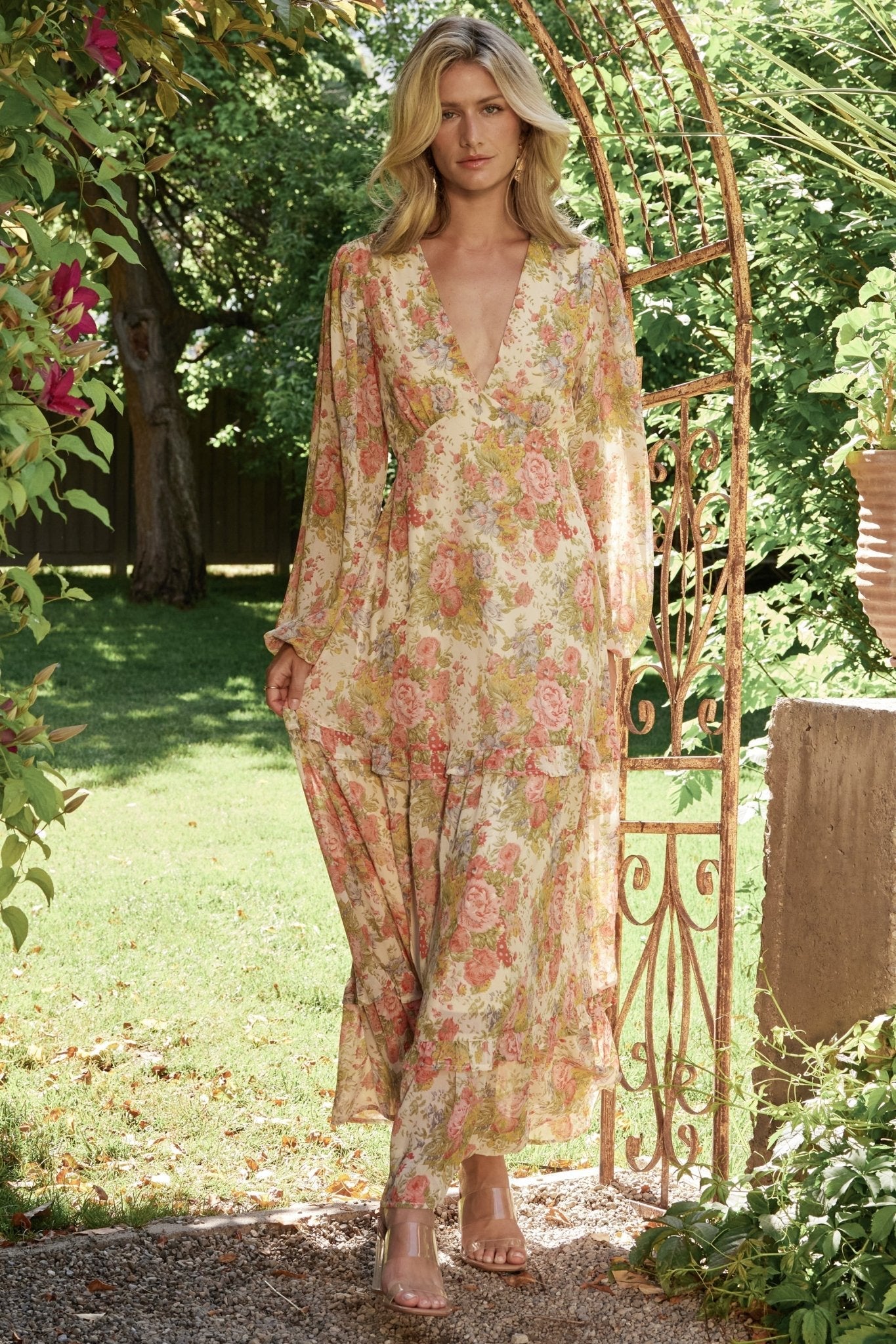 Bowman Deep V Maxi Dress | Cream Multi Floral