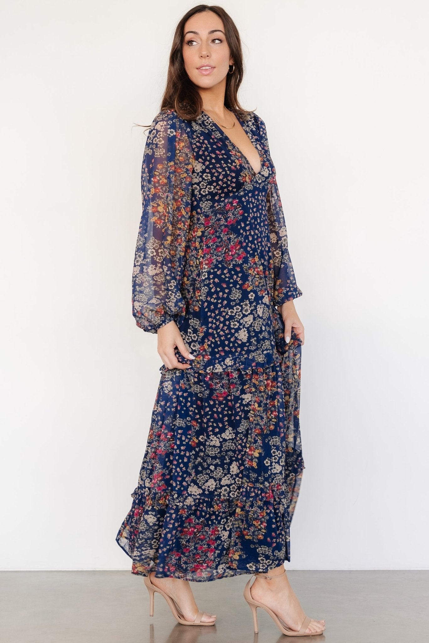 Bowman Deep V Maxi Dress | Dark Blue Multi