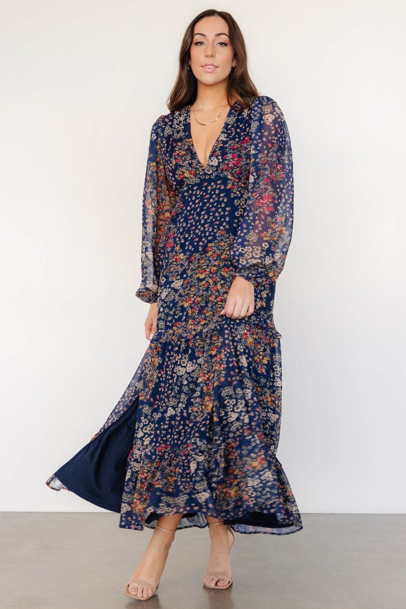 Bowman Deep V Maxi Dress | Dark Blue Multi