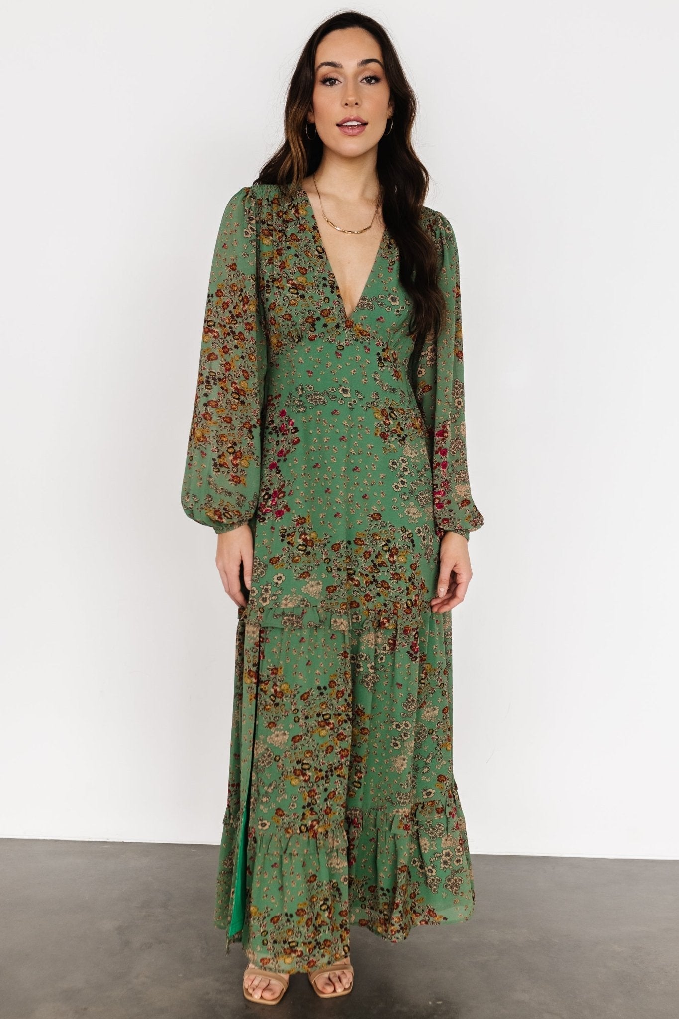 Bowman Deep V Maxi Dress | Green Multi