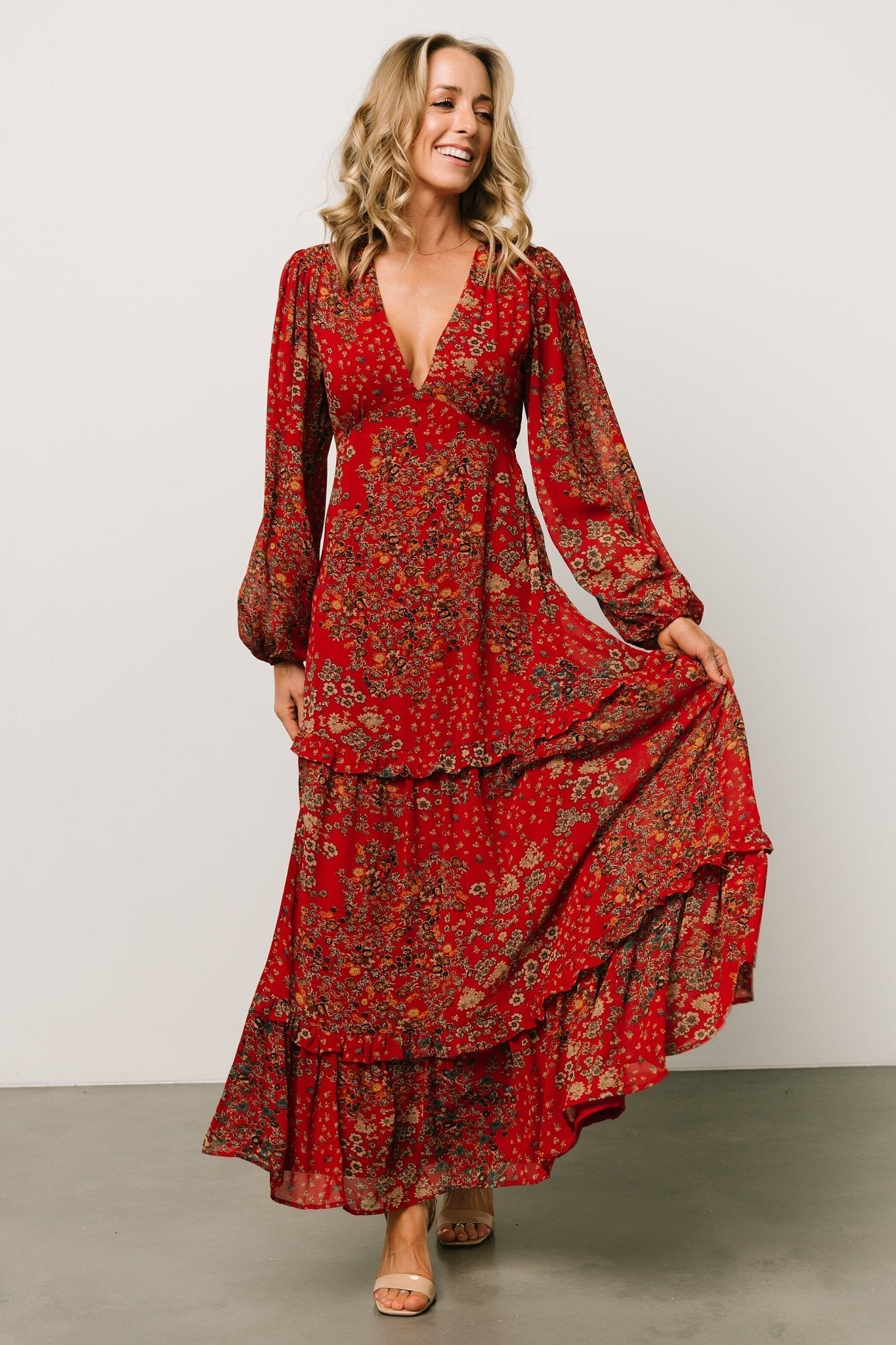 Bowman Deep V Maxi Dress | Red Multi