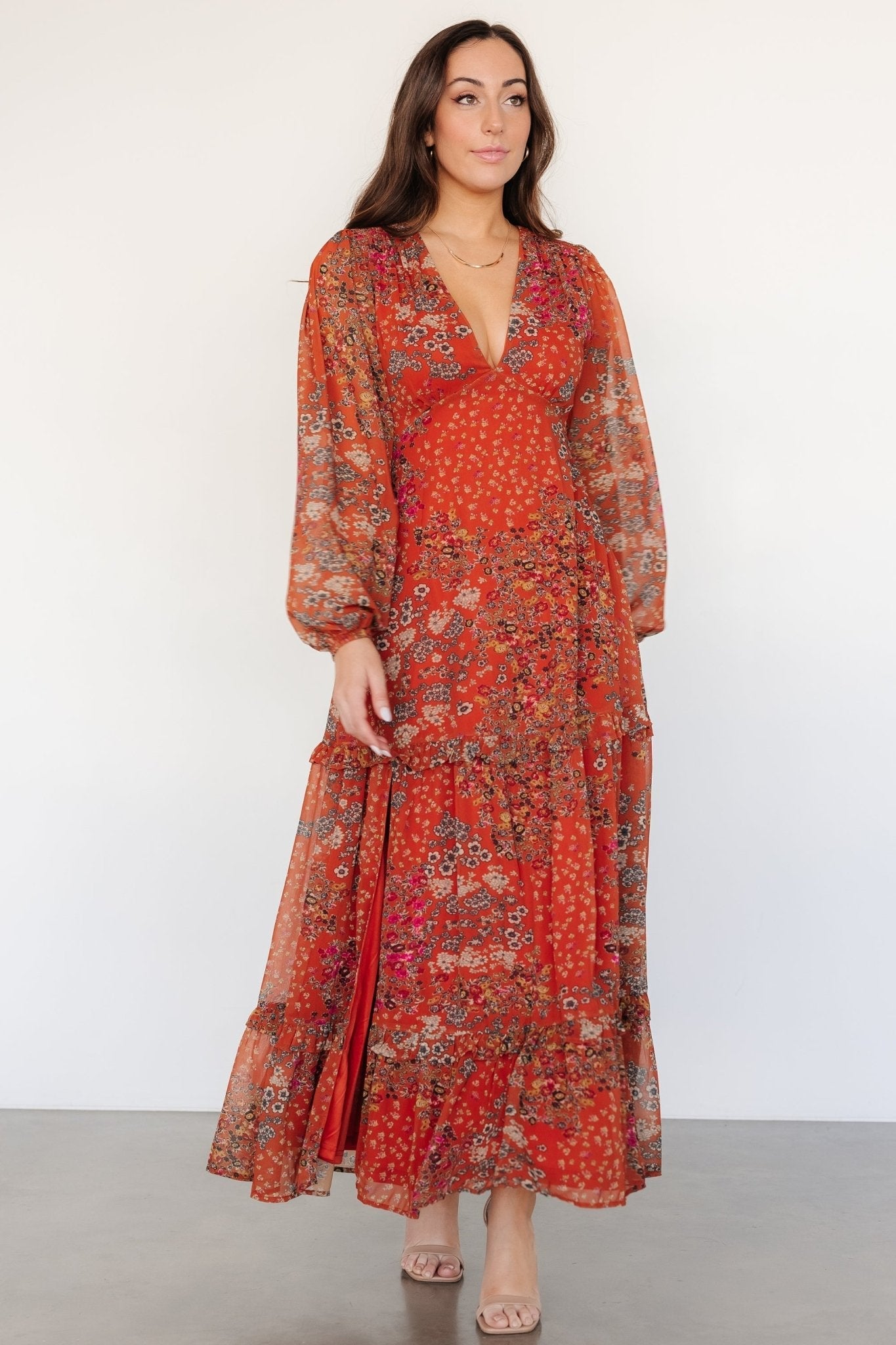 Bowman Deep V Maxi Dress | Rust Multi