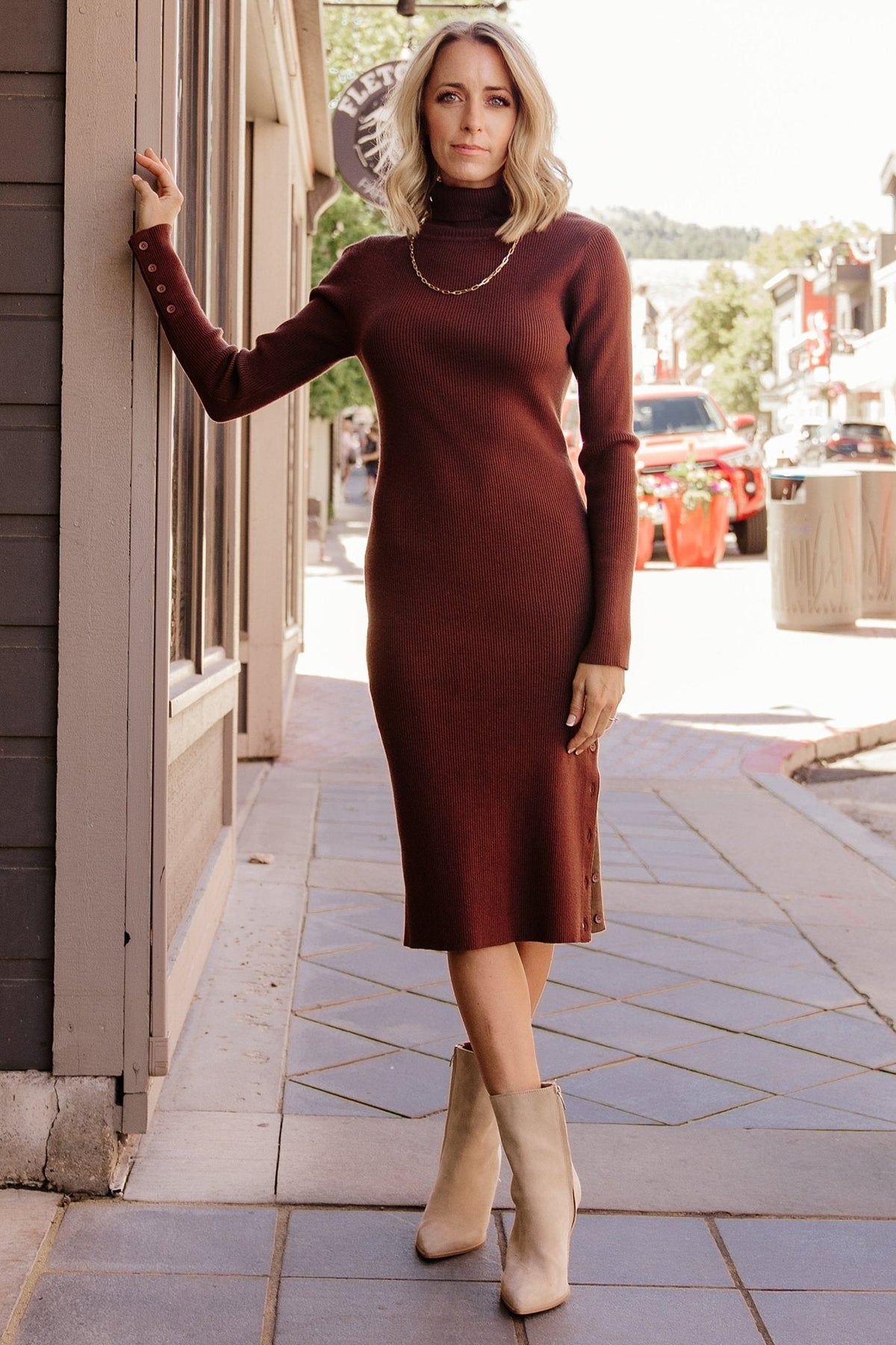 Caldwell Ribbed Turtleneck Midi Dress | Brown