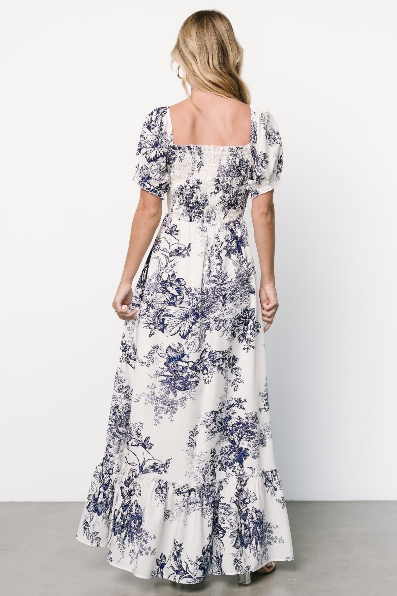 Capri Smocked Maxi Dress | Ivory + Blue Floral