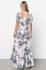 Capri Smocked Maxi Dress | Ivory + Blue Floral