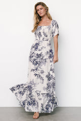 Capri Smocked Maxi Dress | Ivory + Blue Floral