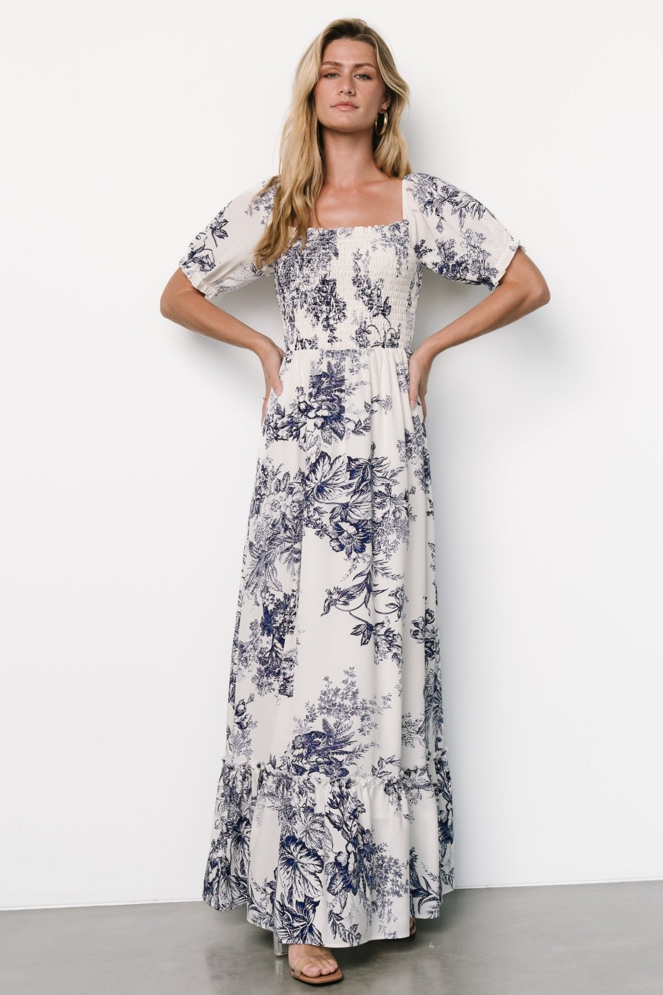 Capri Smocked Maxi Dress | Ivory + Blue Floral