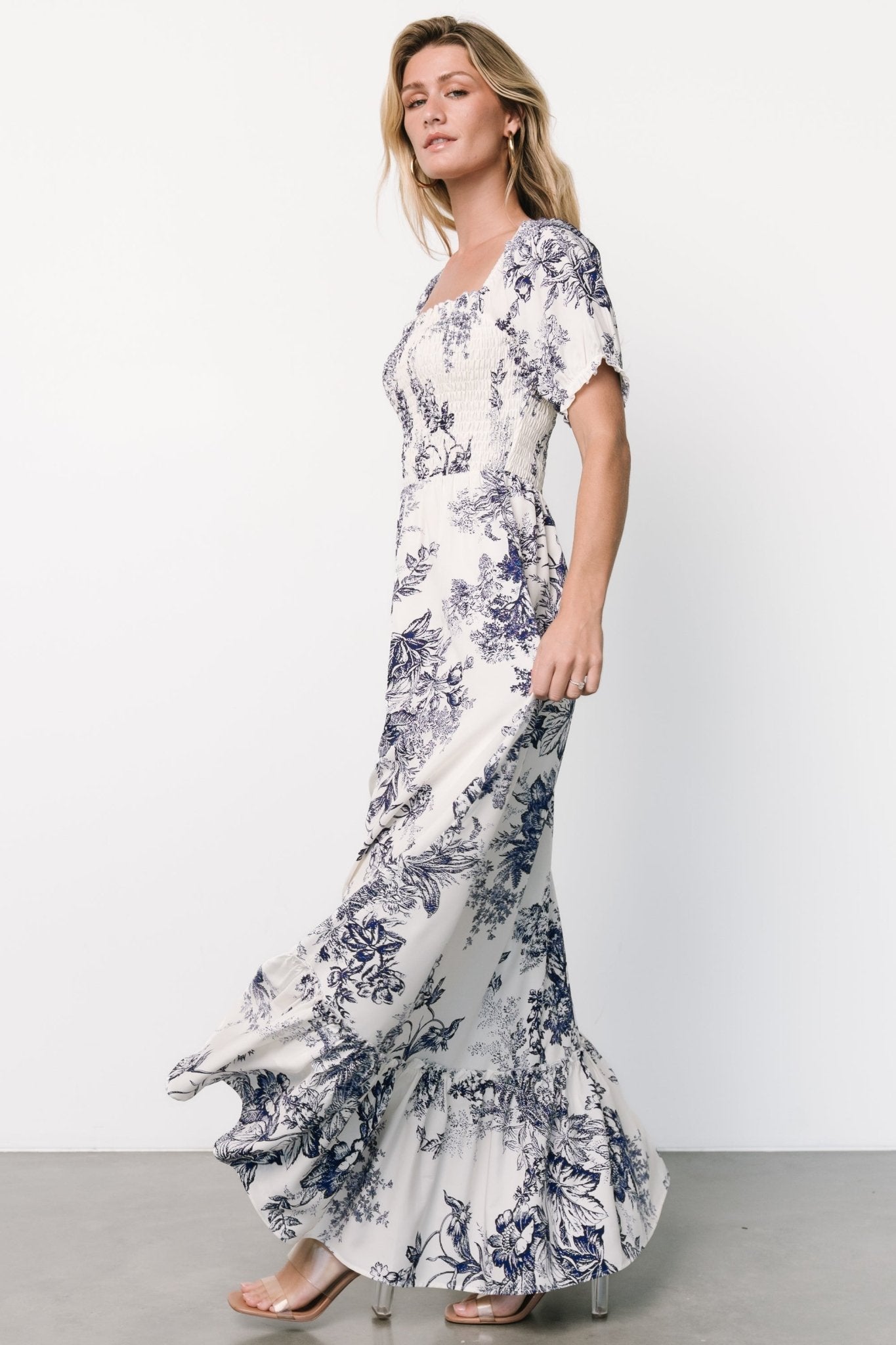 Capri Smocked Maxi Dress | Ivory + Blue Floral