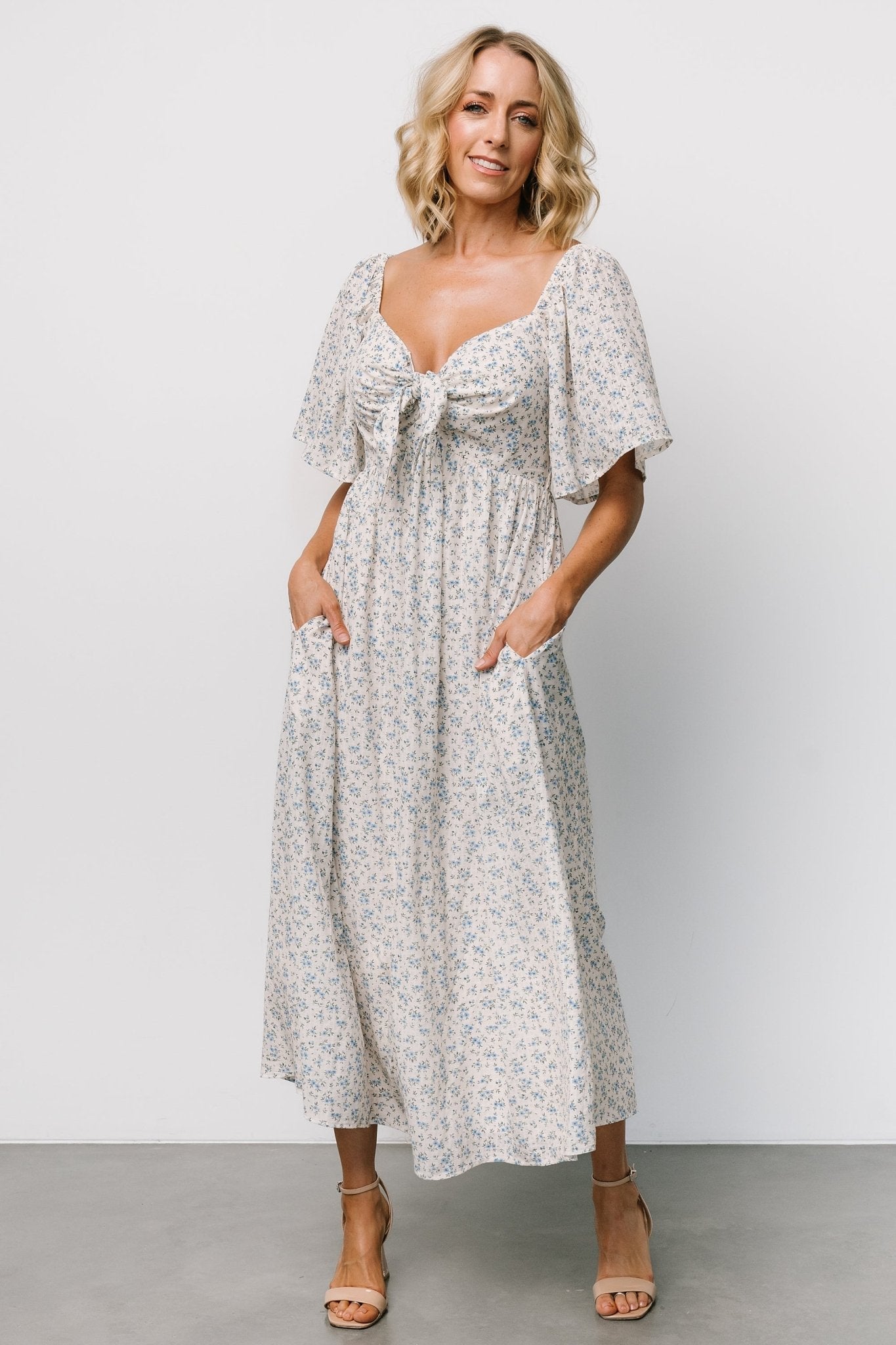 Carah Tie Dress | Off White + Blue Floral