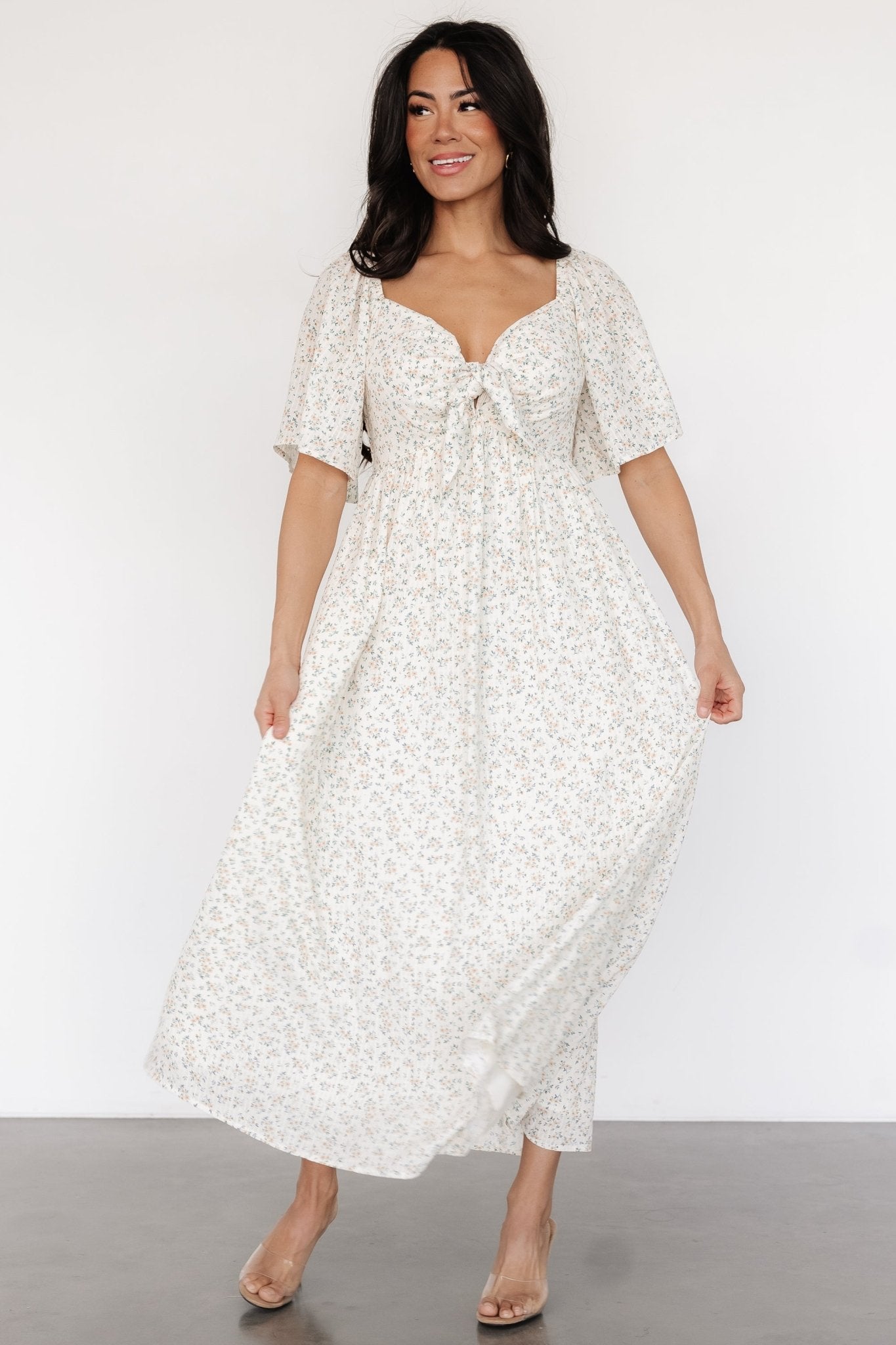 Carah Tie Dress | Off White + Gold Floral