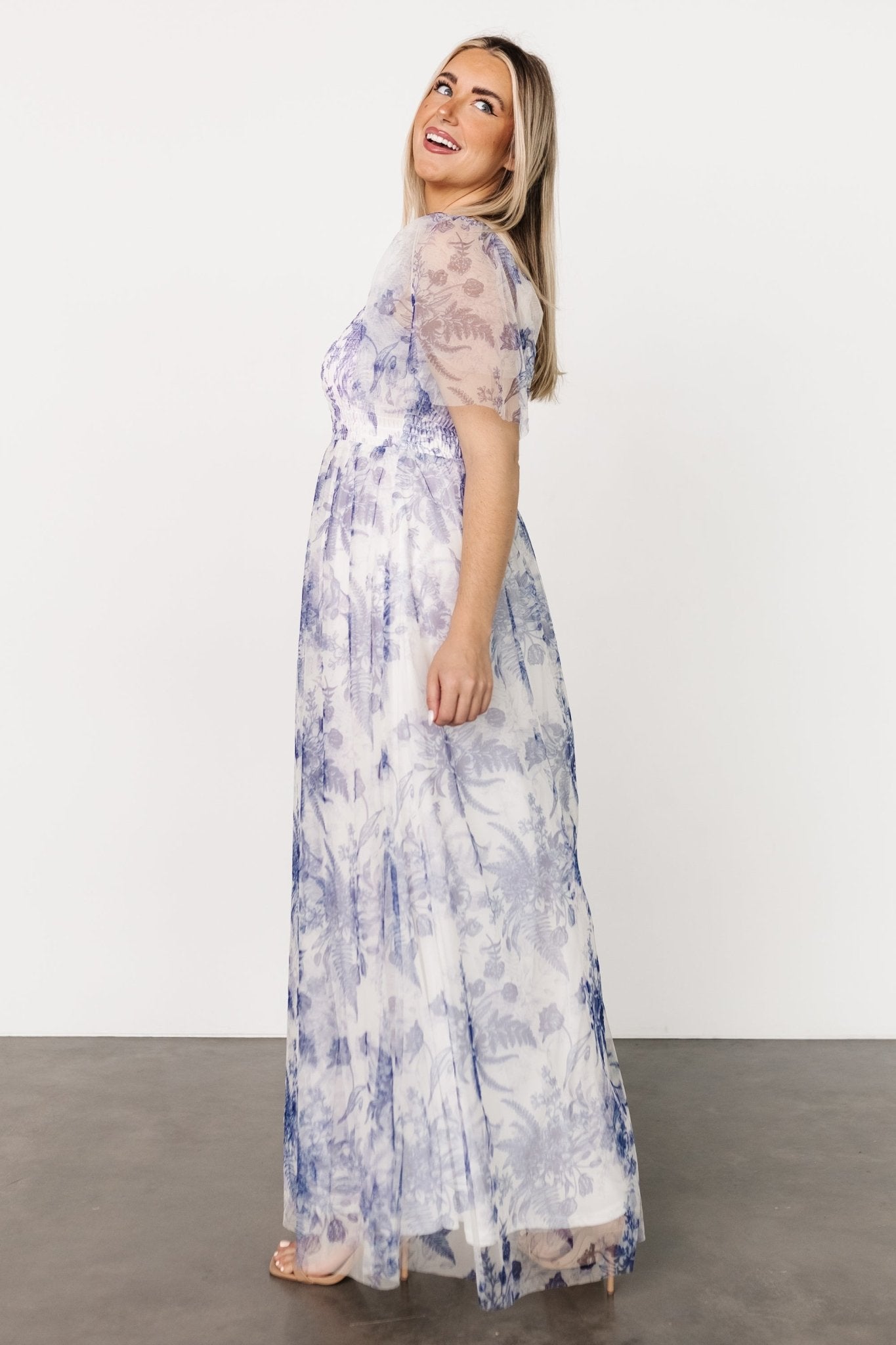 Cassandra Tulle Maxi Dress | Blue + White Floral