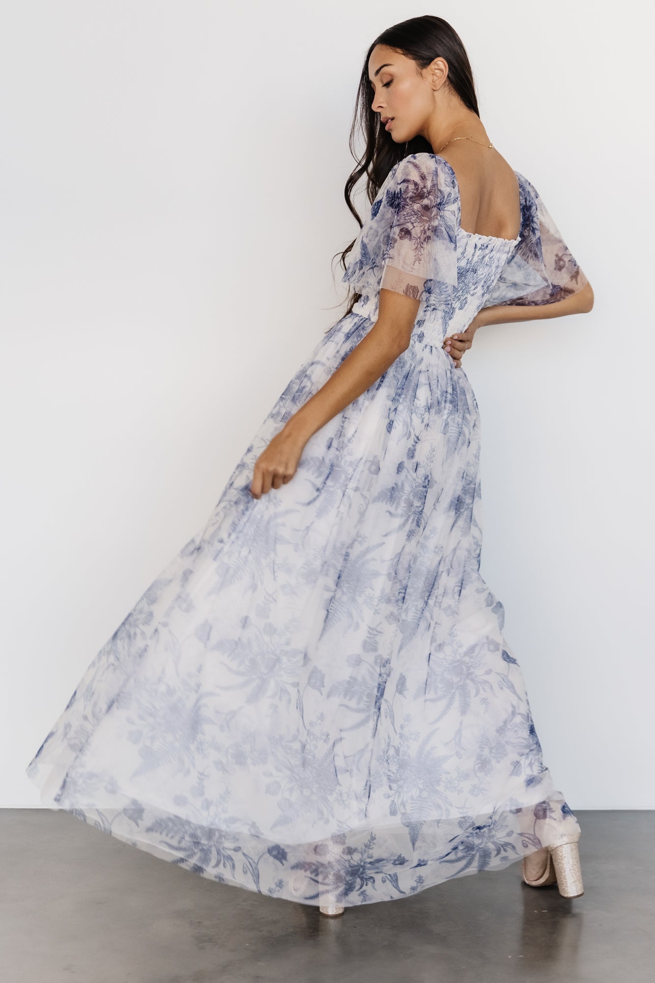 Cassandra Tulle Maxi Dress | Blue + White Floral