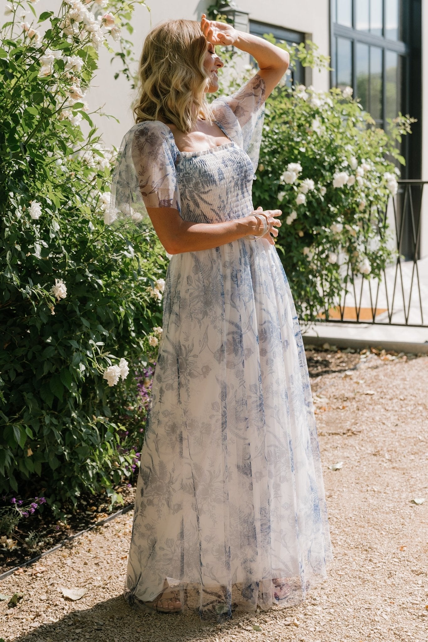Cassandra Tulle Maxi Dress | Blue + White Floral