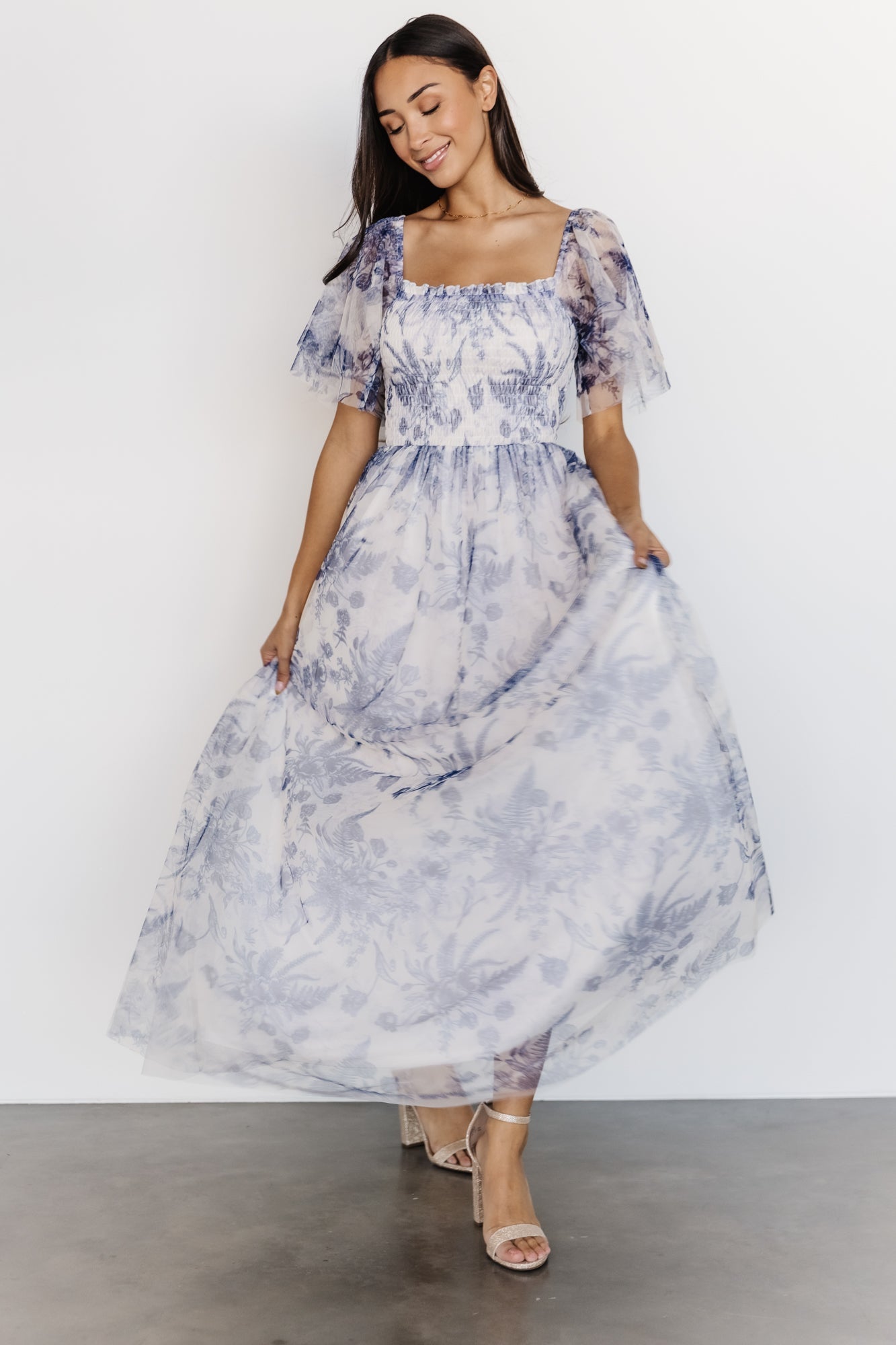 Cassandra Tulle Maxi Dress | Blue + White Floral
