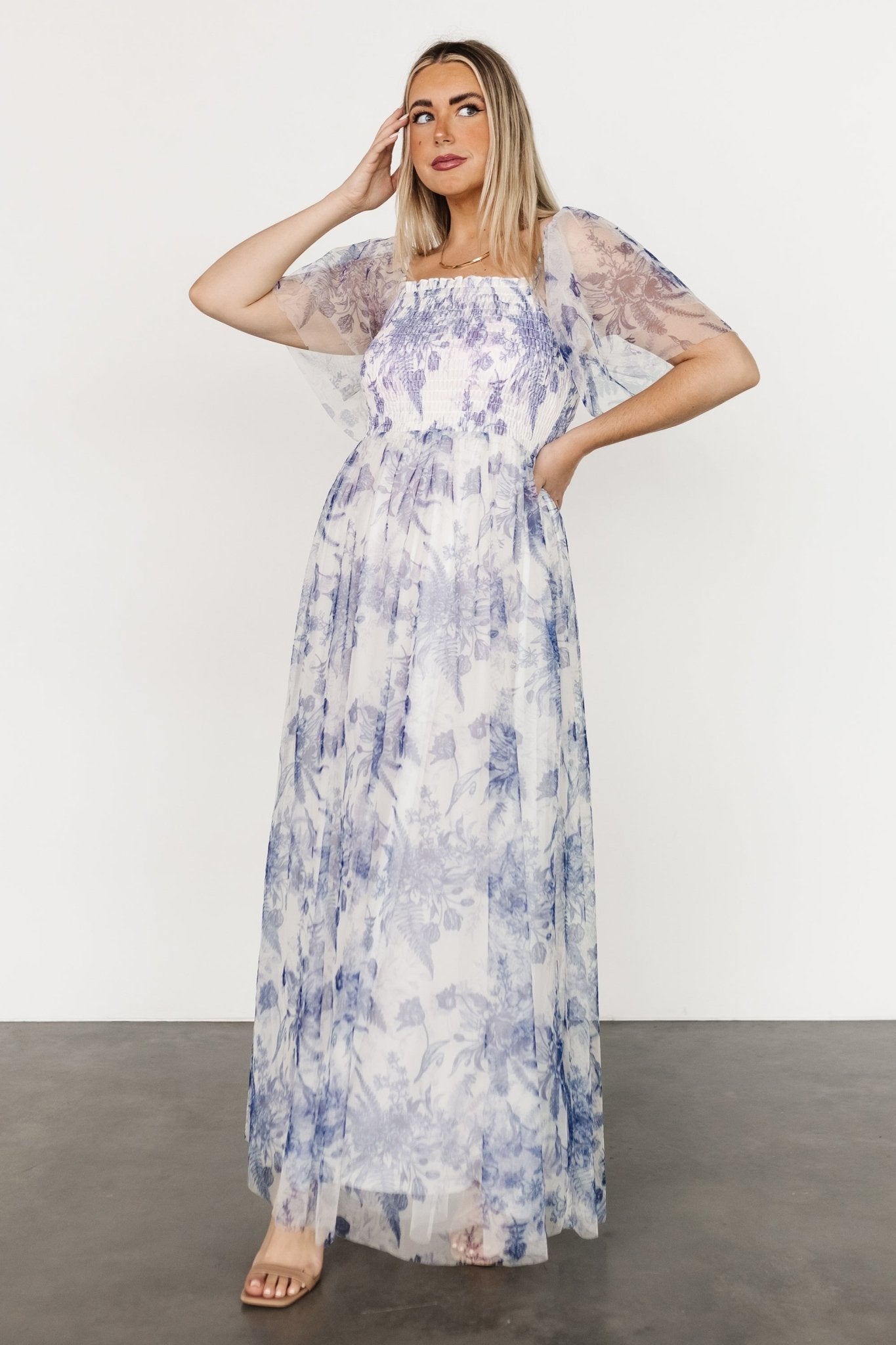 Cassandra Tulle Maxi Dress | Blue + White Floral