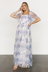 Cassandra Tulle Maxi Dress | Blue + White Floral