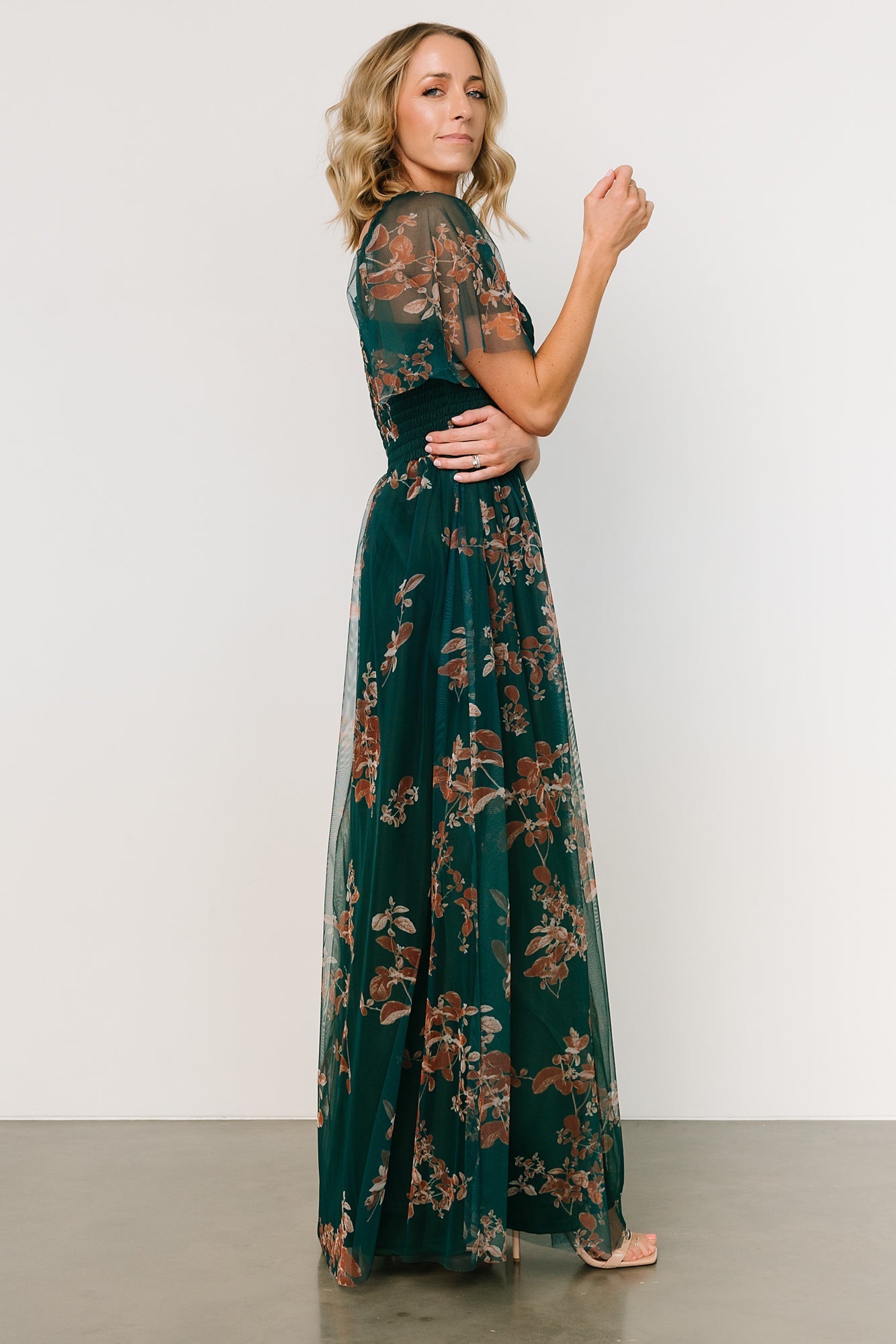 Cassandra Tulle Maxi Dress | Green + Bronze Floral