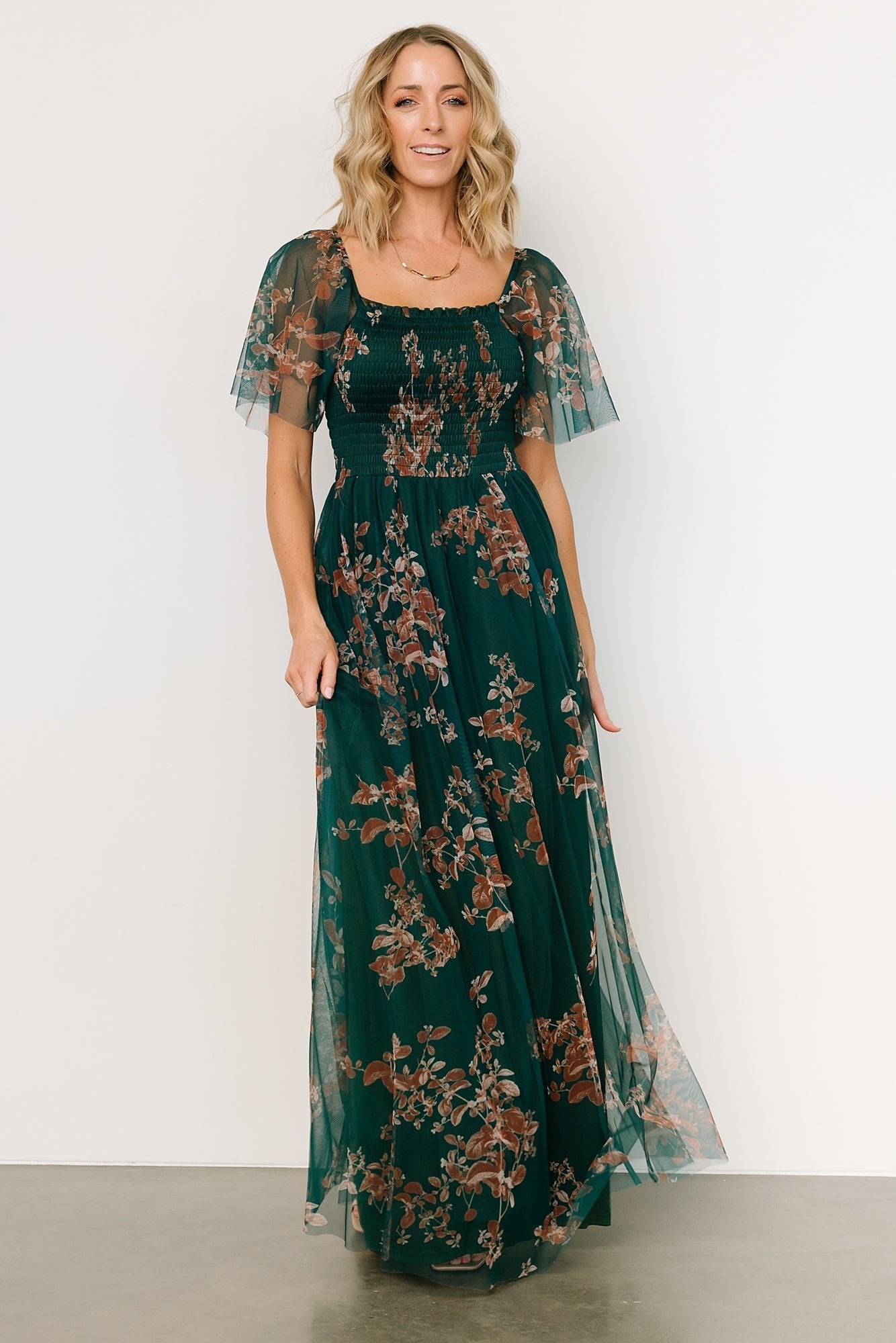 Cassandra Tulle Maxi Dress | Green + Bronze Floral