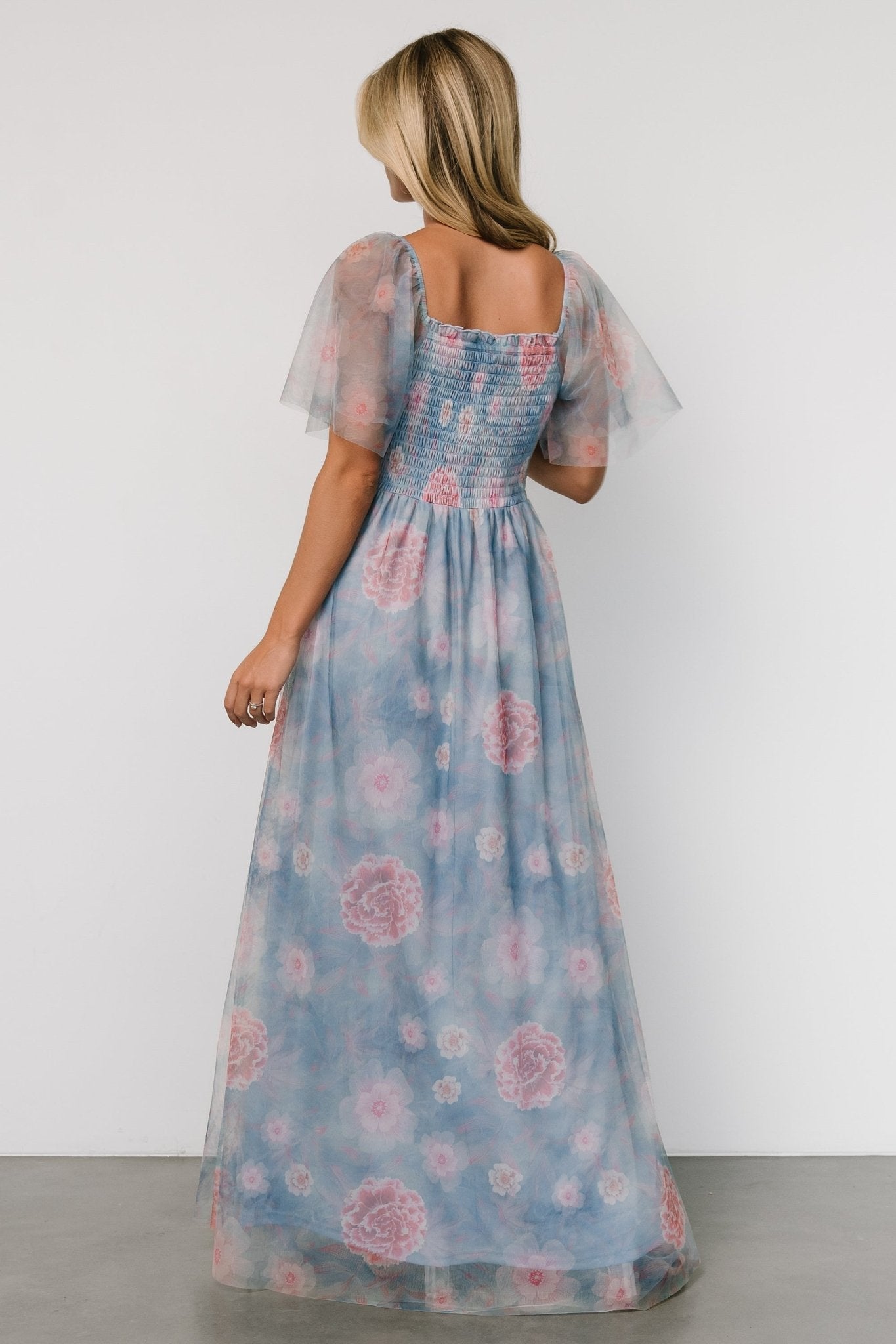 Cassandra Tulle Maxi Dress | Light Blue + Pink Floral
