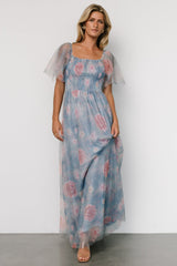 Cassandra Tulle Maxi Dress | Light Blue + Pink Floral