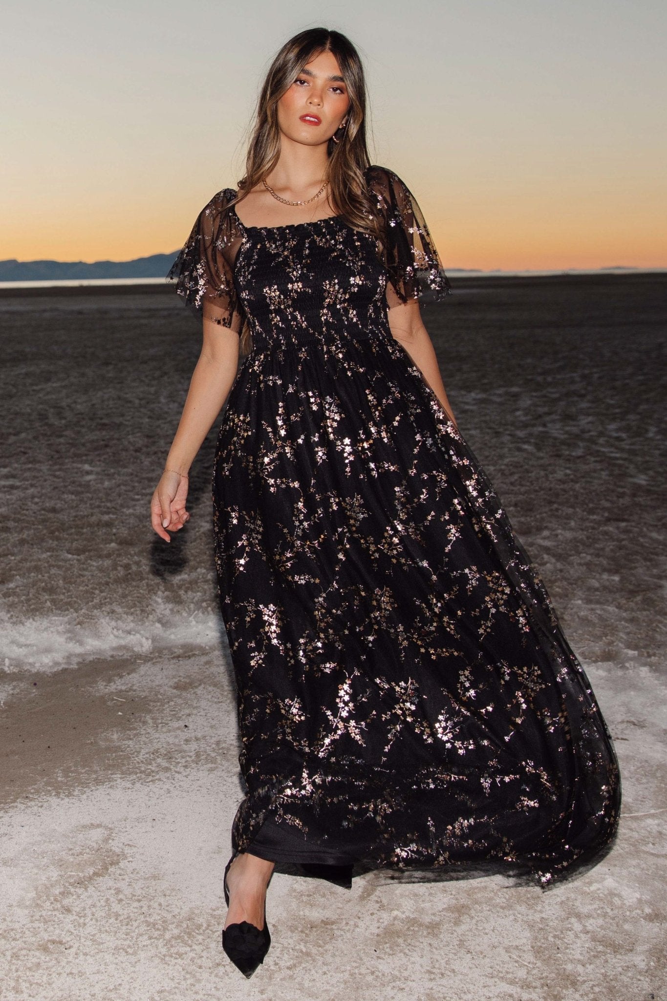 Cassandra Tulle Maxi Dress | Metallic Black