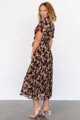 Cassidy Pleated Midi Dress | Brown Floral