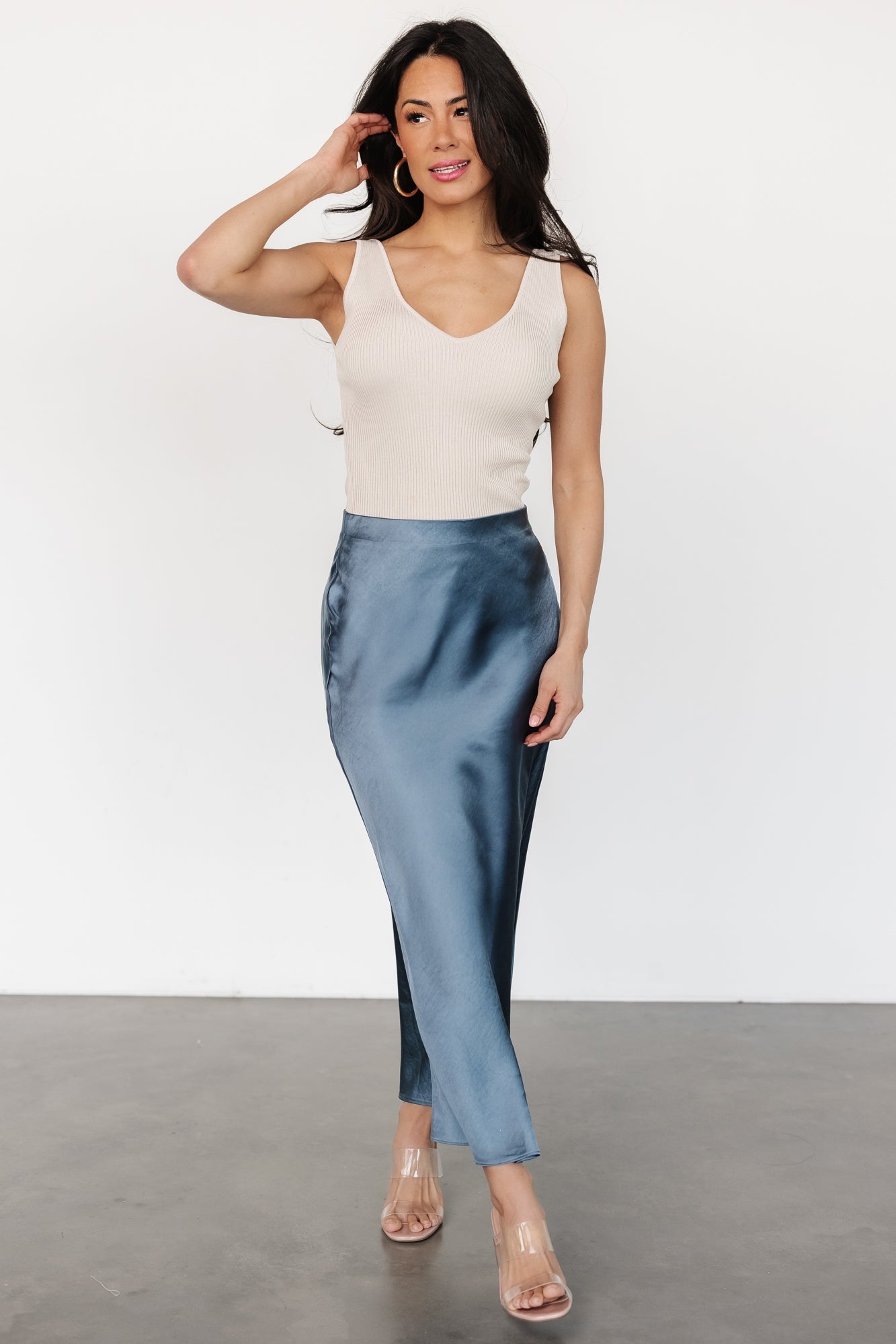Celeste Satin Midi Skirt | Steel Blue