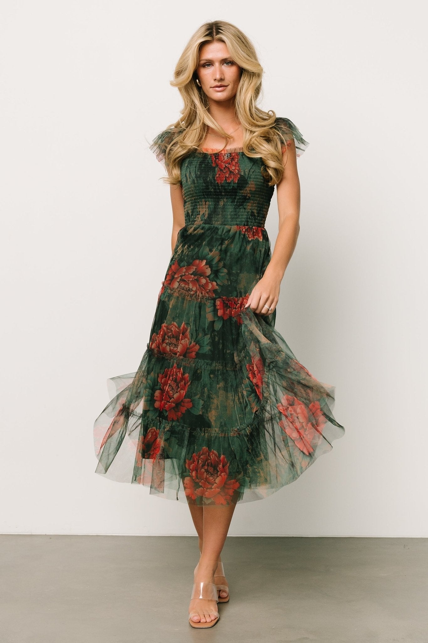 Clementine Tulle Midi Dress | Dark Green Floral