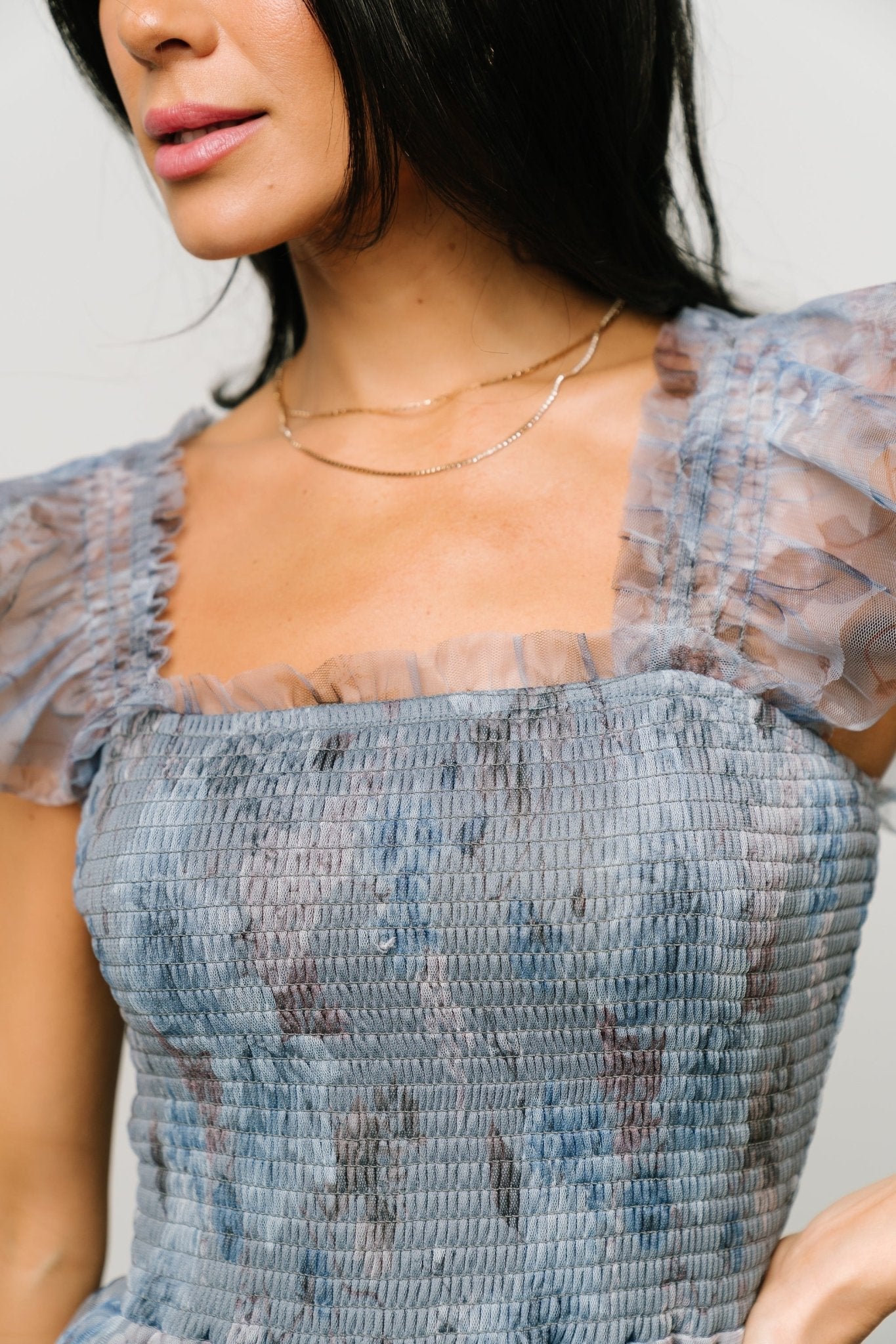 Clementine Tulle Midi Dress | Dusty Blue Floral