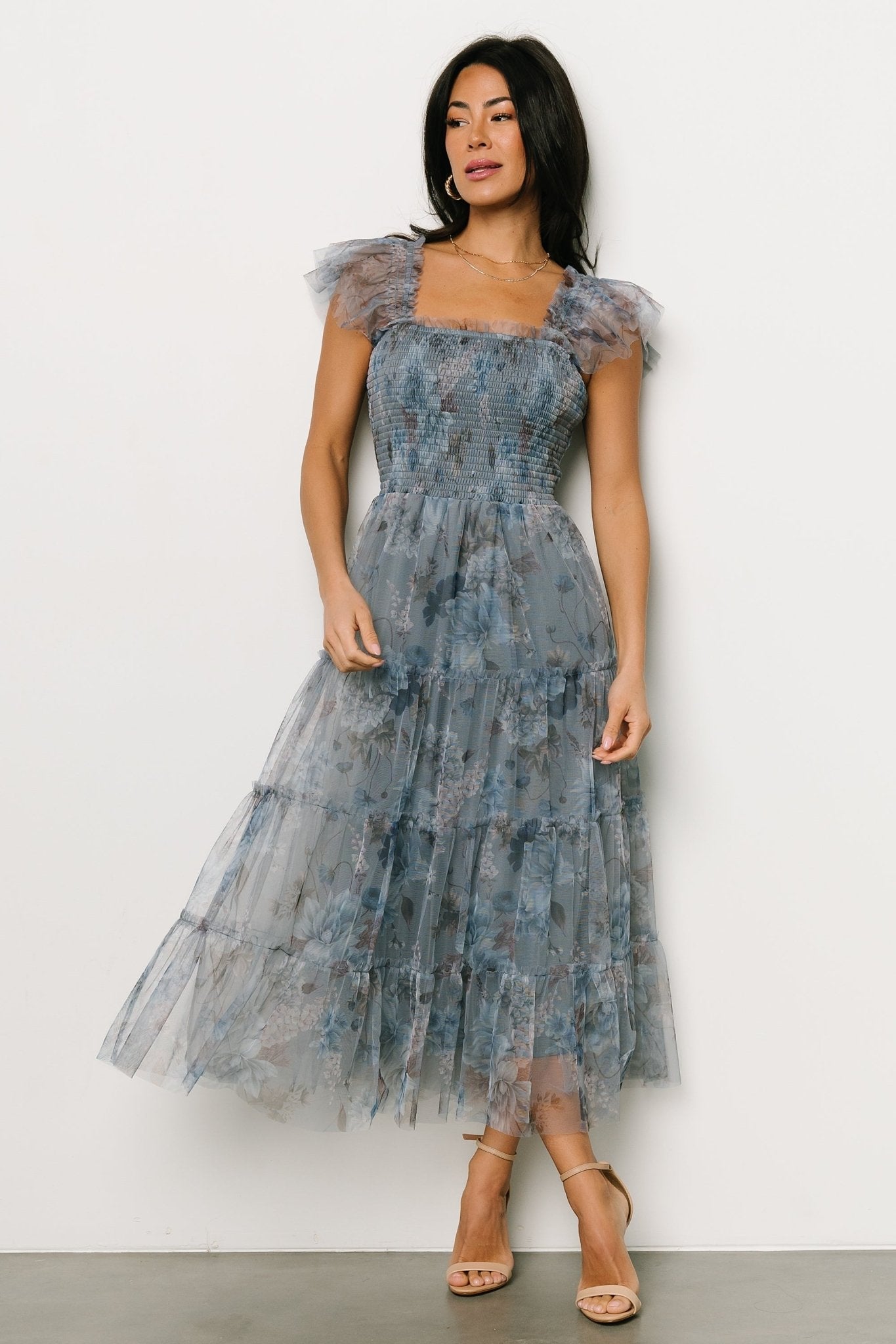 Clementine Tulle Midi Dress | Dusty Blue Floral