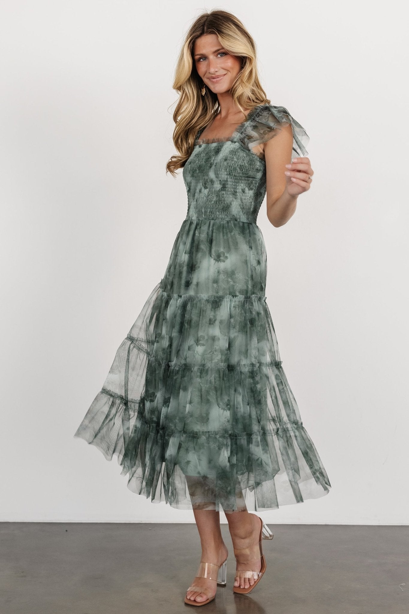 Clementine Tulle Midi Dress | Dusty Green Print