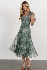 Clementine Tulle Midi Dress | Dusty Green Print