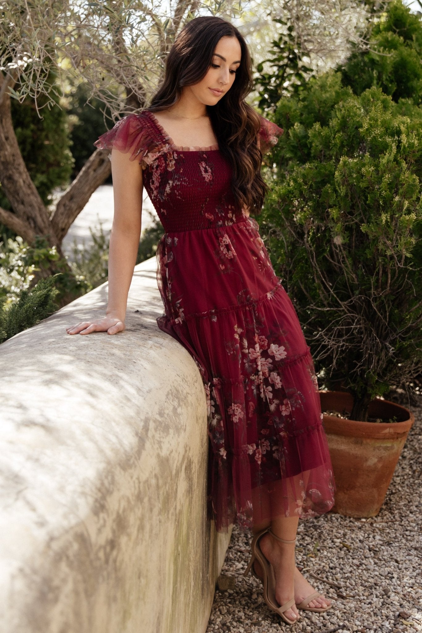 Clementine Tulle Midi Dress | Wine Multi