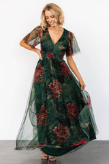 Cressida Tulle Maxi Dress | Dark Green + Red Floral
