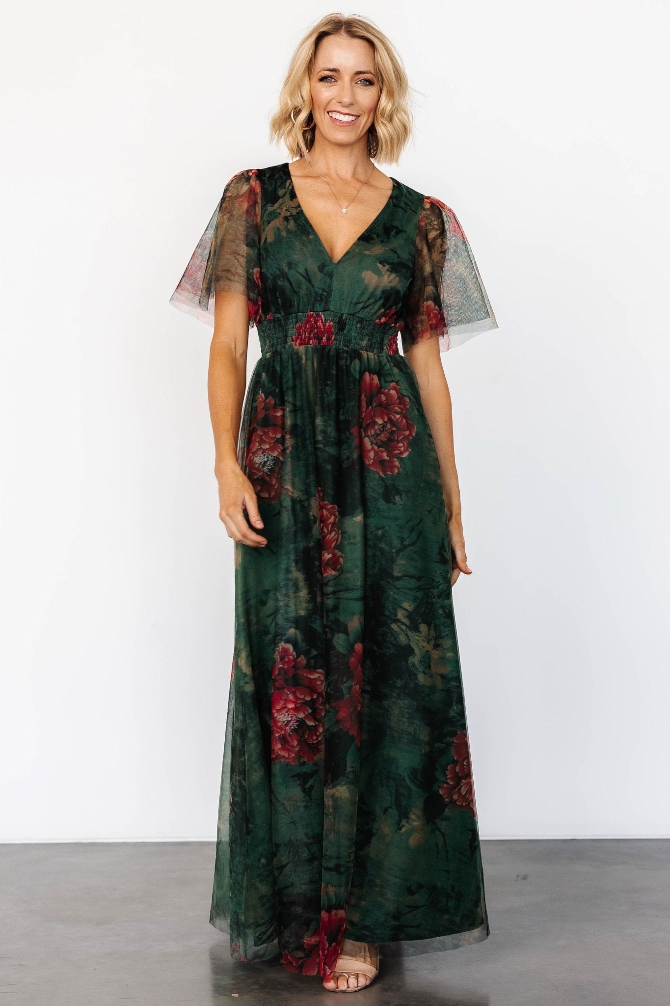 Cressida Tulle Maxi Dress | Dark Green + Red Floral