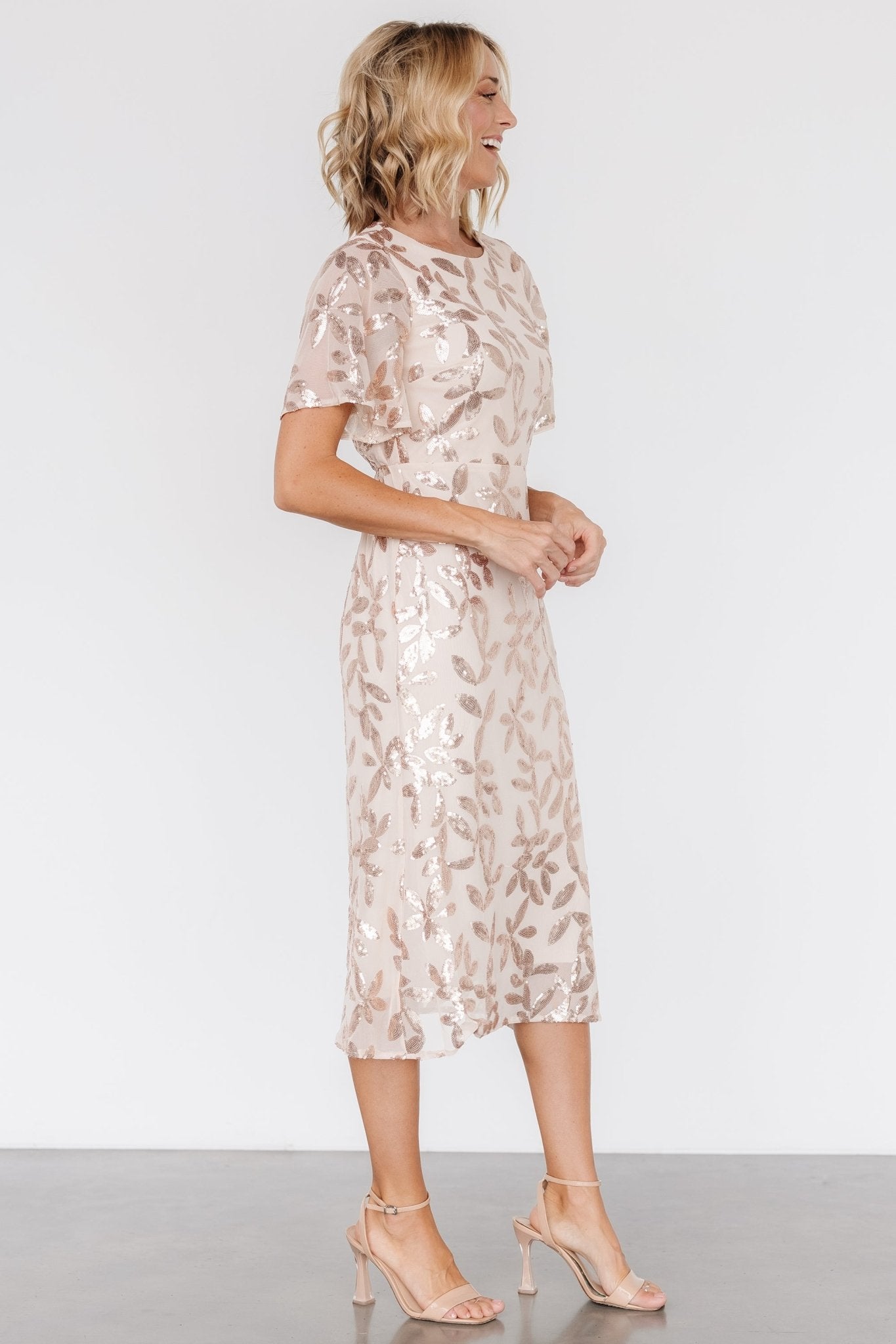 Deanna Sequin Midi Dress | Rose Gold