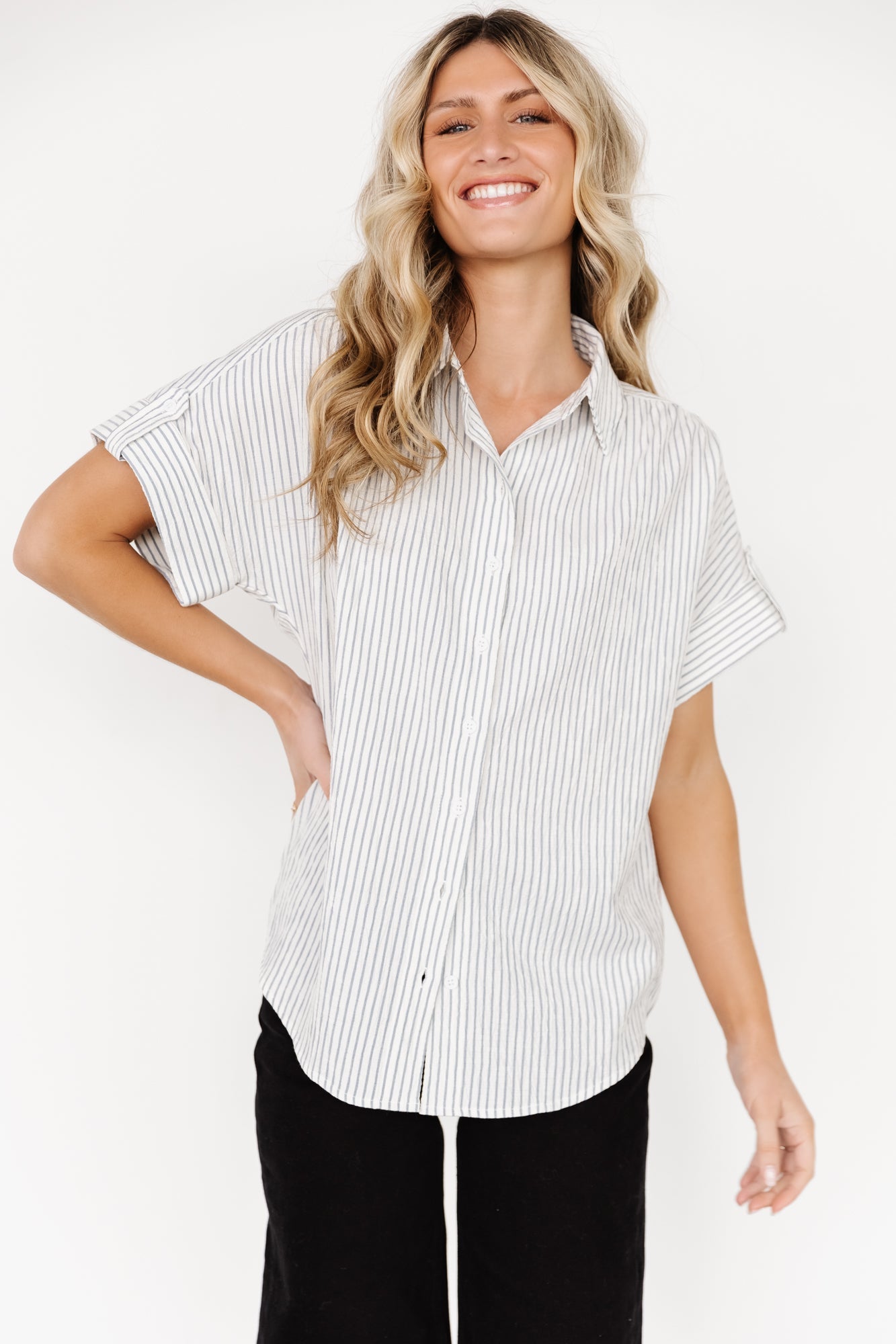 Draya Button Up Top | Light Blue Stripe