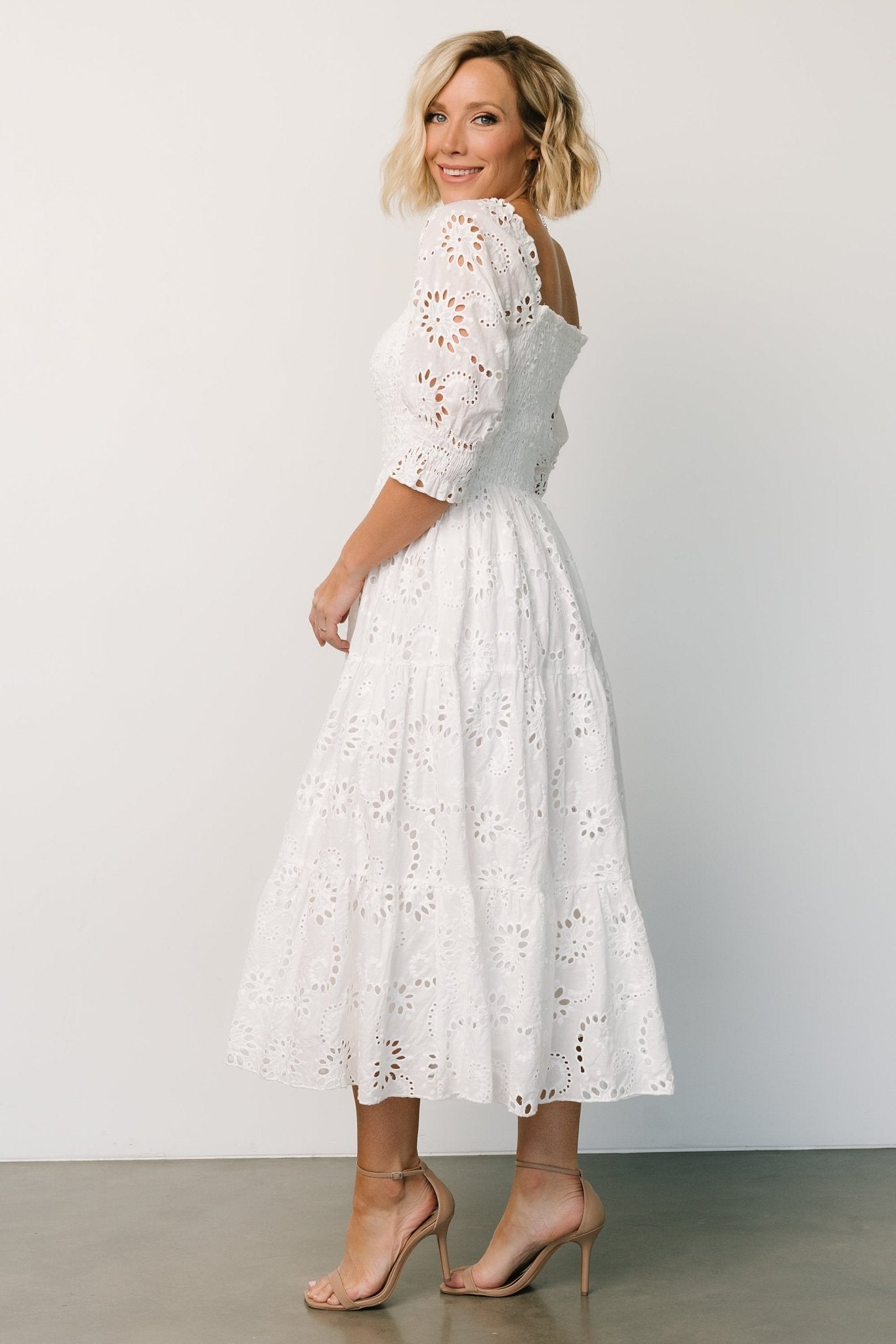 Ella Eyelet Midi Dress | White