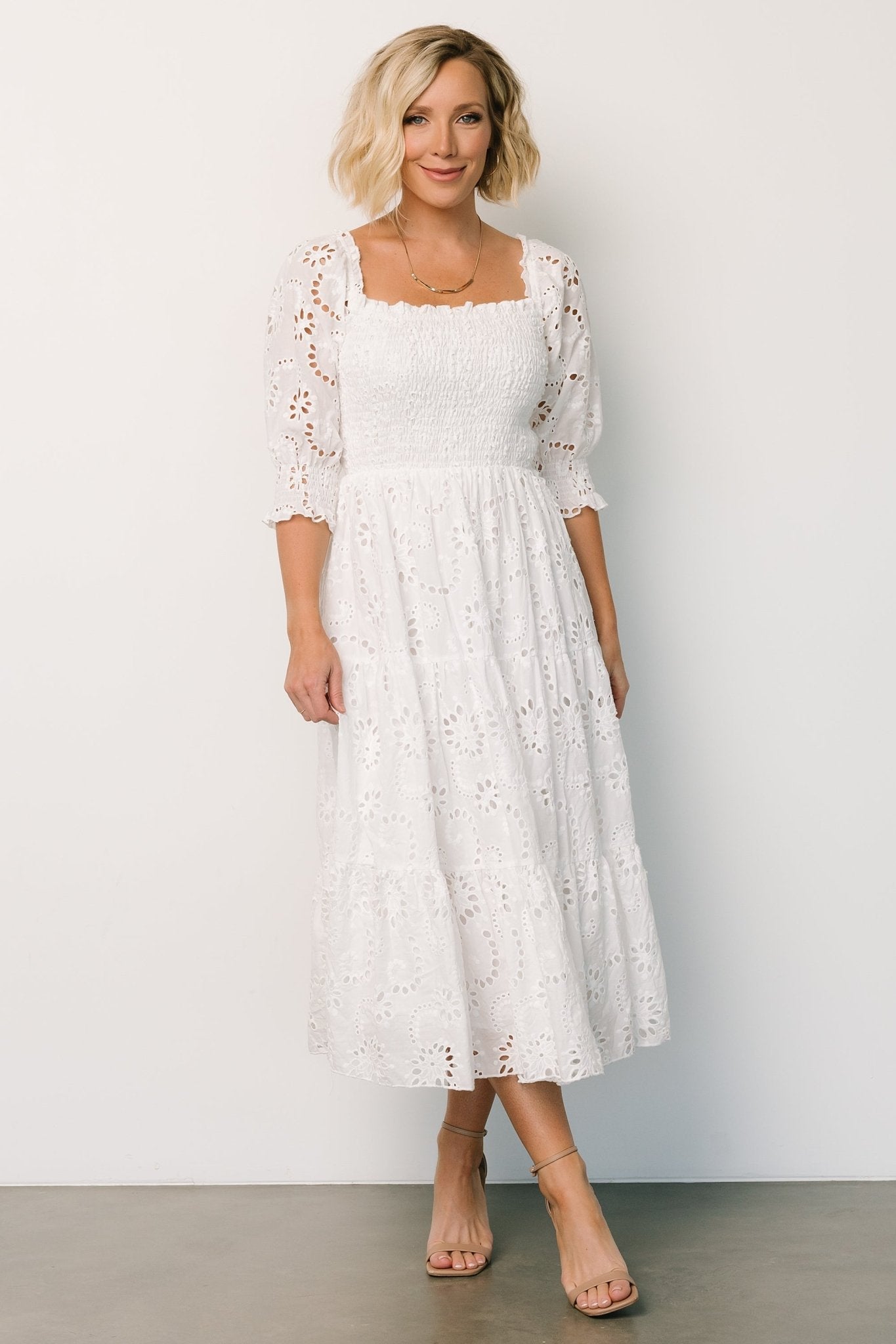 Ella Eyelet Midi Dress | White